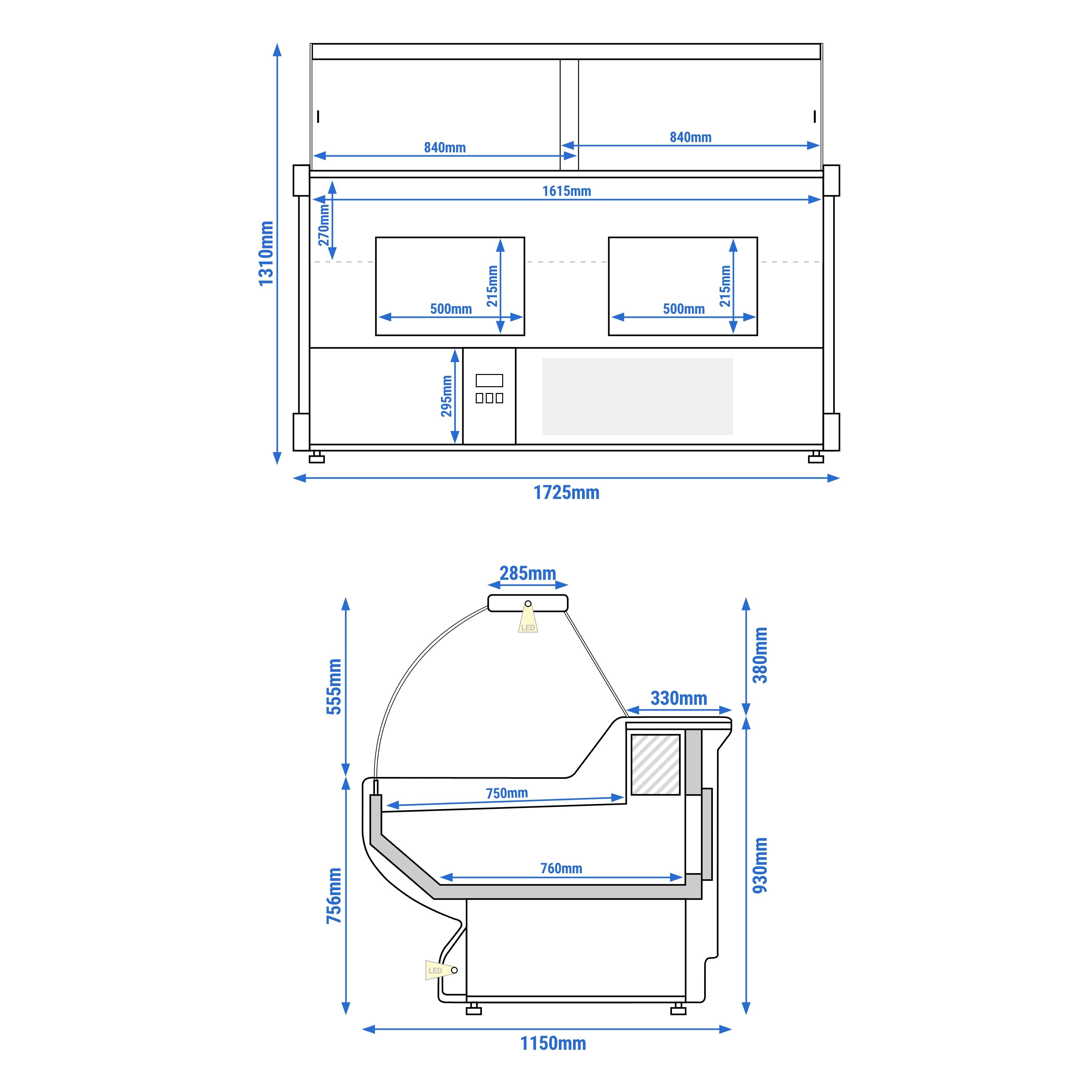 Comptoir vitrine réfrigérée - 1725x1150mm - +1/+10°C - Vitre bombée - Décoration frontale éclairée - 340L