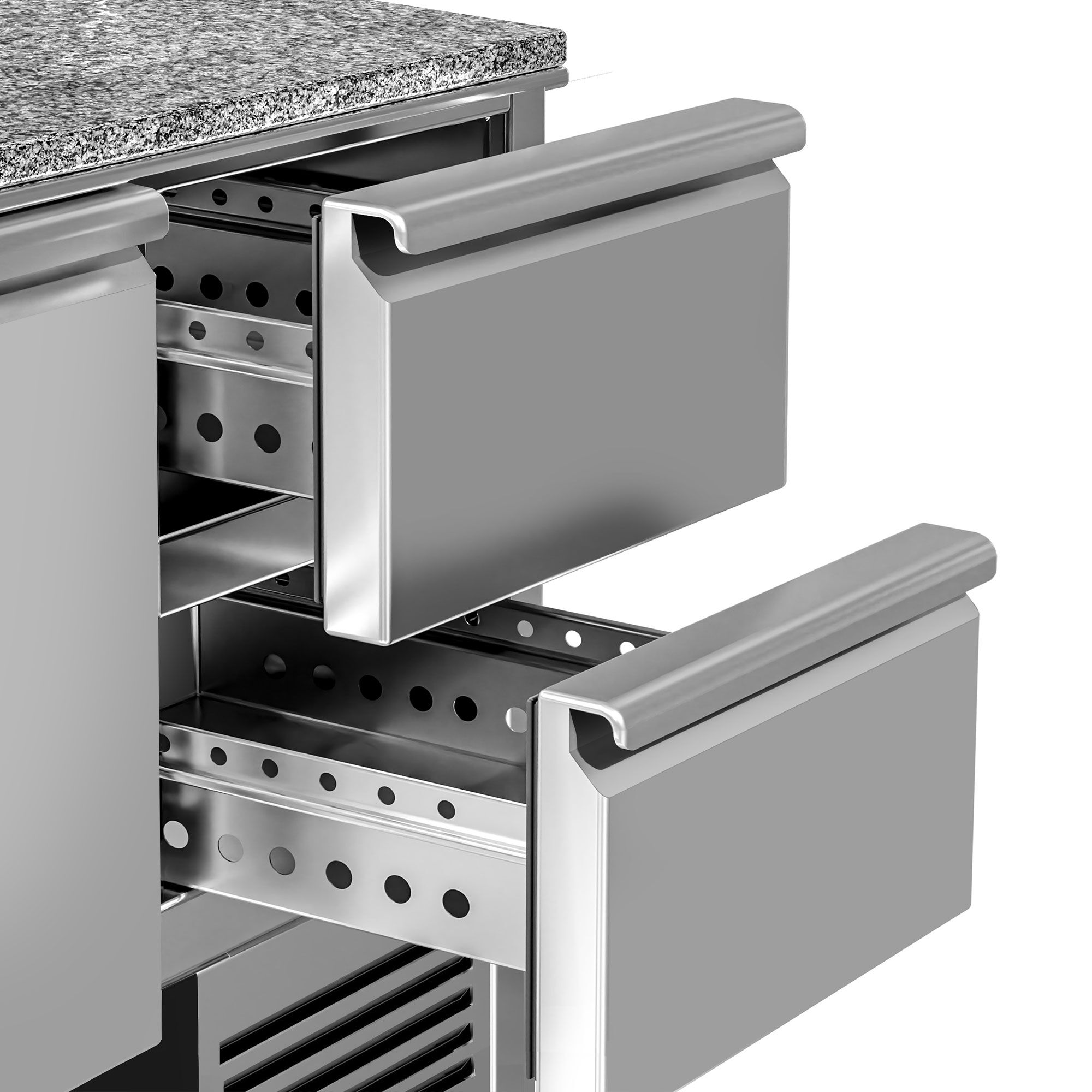Banco pizza refrigerato PREMIUM - 1400x700mm - con 2 porte & 2 cassetti - piano in granito