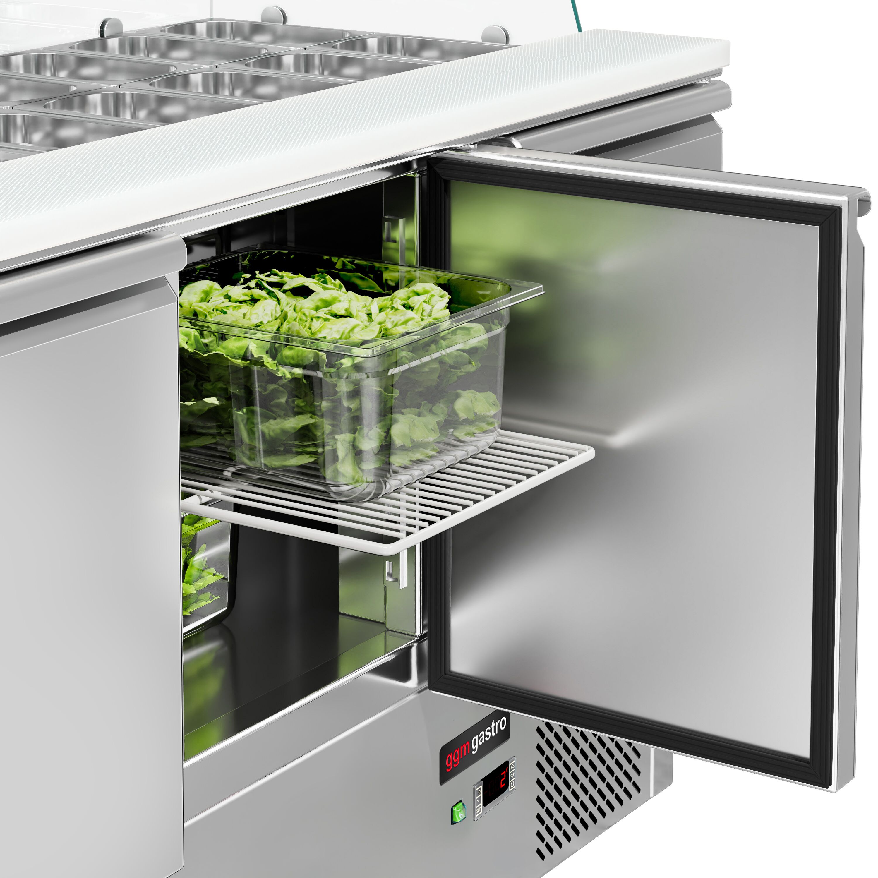 Saladette réfrigérée ECO - 1368mm - 368L - 3 portes - avec vitrine de comptoir pour 4x GN 1/1