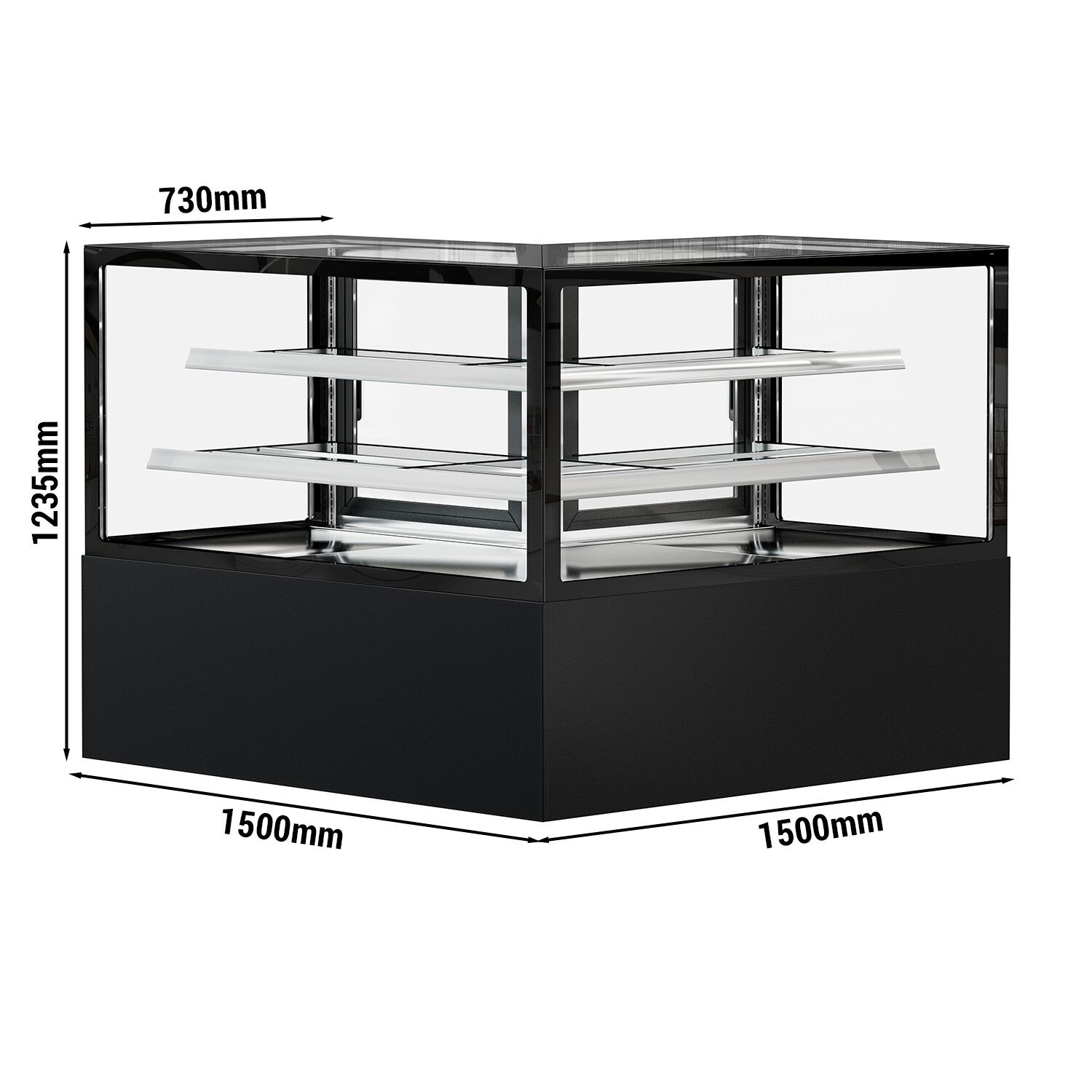 Vitrine à pâtisserie réfrigérée MADRID - 735L - 1500mm - Double vitrage - avec 2 étagères en verre - portes battantes arrière - pour pâtisseries - Noir mat