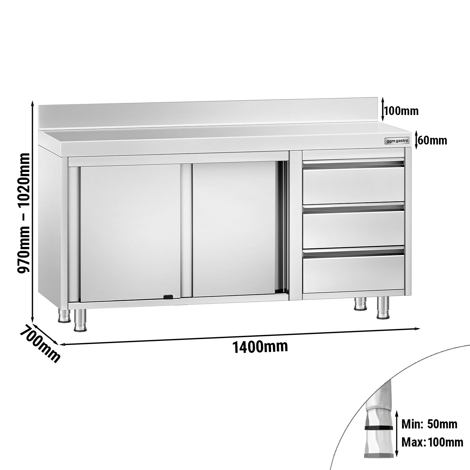 Table armoire en acier inoxydable PREMIUM - 1400x700mm - avec portes coulissantes et 3 tiroirs à droite - avec dosseret