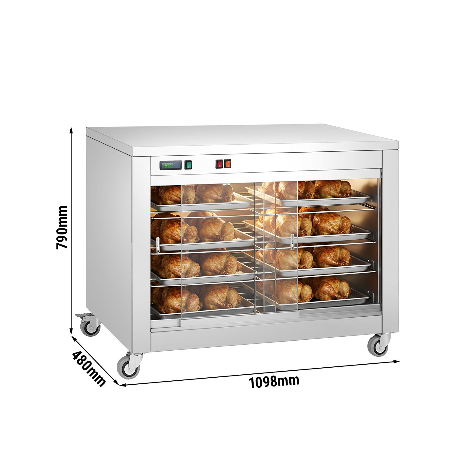 Värmemonter på hjul - 2 kW - med glasskjutdörrar, sluten baksida & 4 hyllor - 1098x480x790 mm