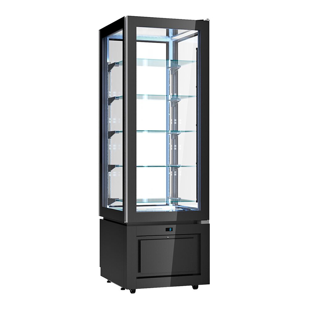 4-Sided Glass Display Fridge - 324L - 600mm - Double glazing - square - black front - with 5 glass shelves - 1 glass door front - Black