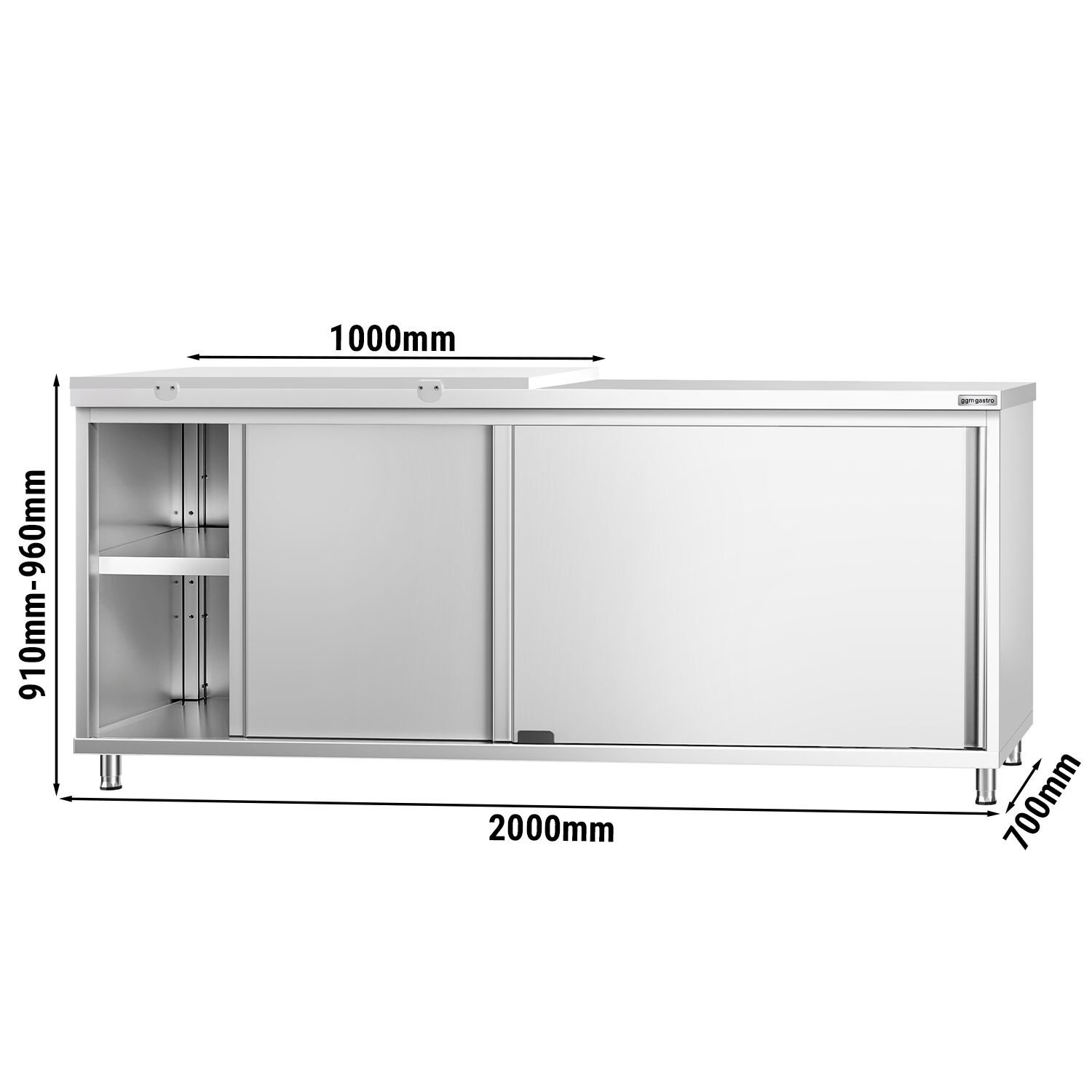 Table armoire en acier inoxydable PREMIUM - 2000x700mm - avec portes coulissantes - pour produits céréaliers, produits laitiers - incl. 1/2 plateau de découpe Blanc PEHD (HACCP)