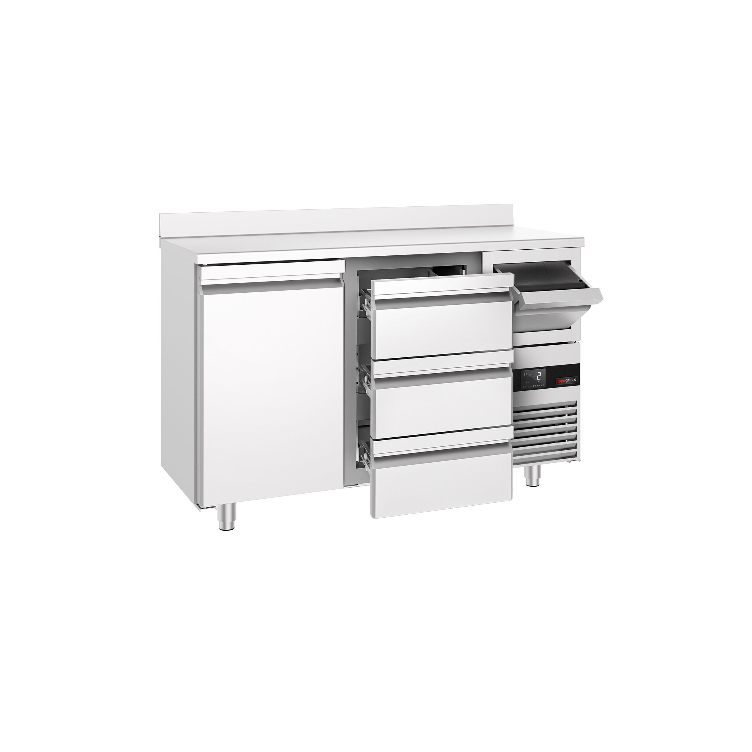 Arrière-bar réfrigéré professionnel  PREMIUM - 1580 x 600 mm - avec 1 porte et 3 tiroirs - avec dosseret - avec tiroir à marc de café