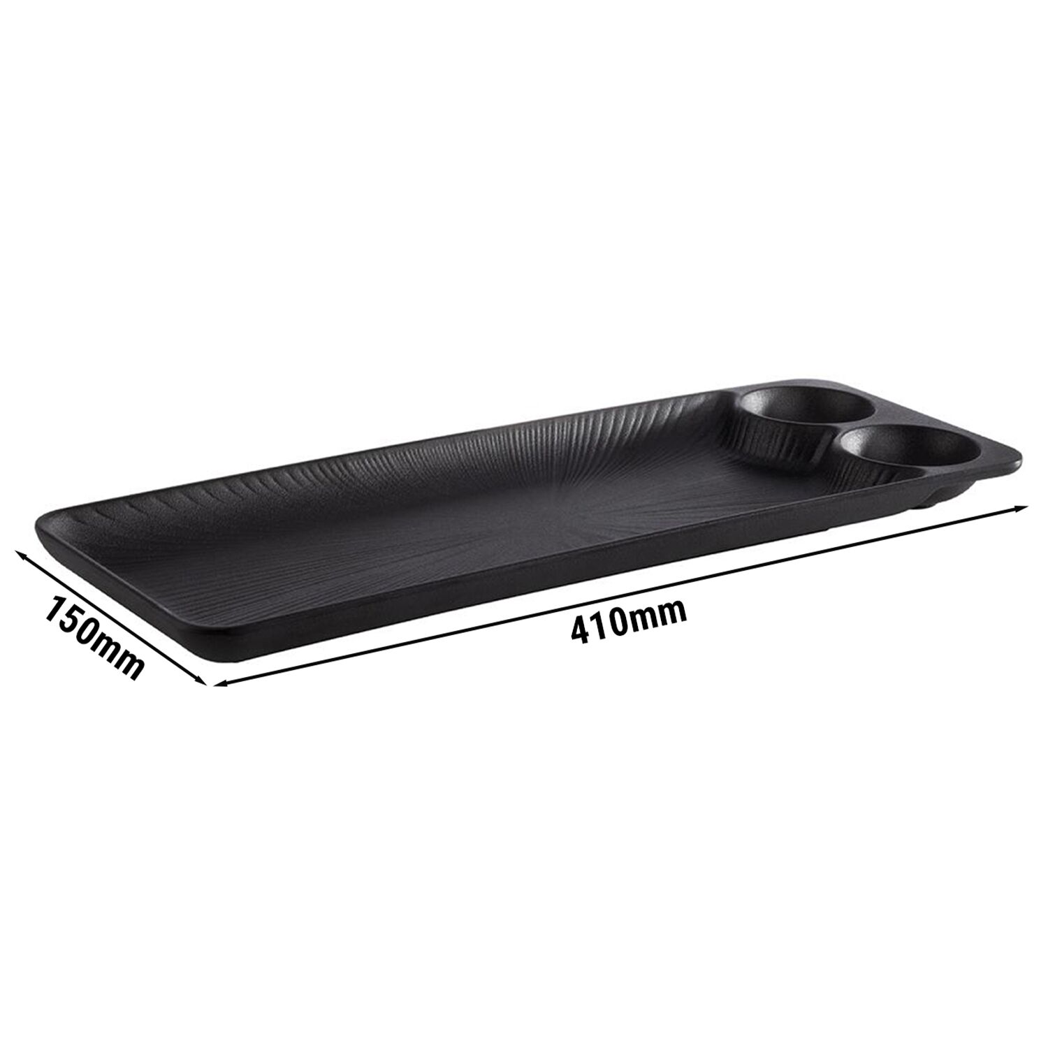 (6 pcs) Plateau de présentation - NERO - Mélamine - 410x150mm - Hauteur:25mm - Noir - 2 coupelles à sauce intégrées; empilable; compatible lave-vaisselle