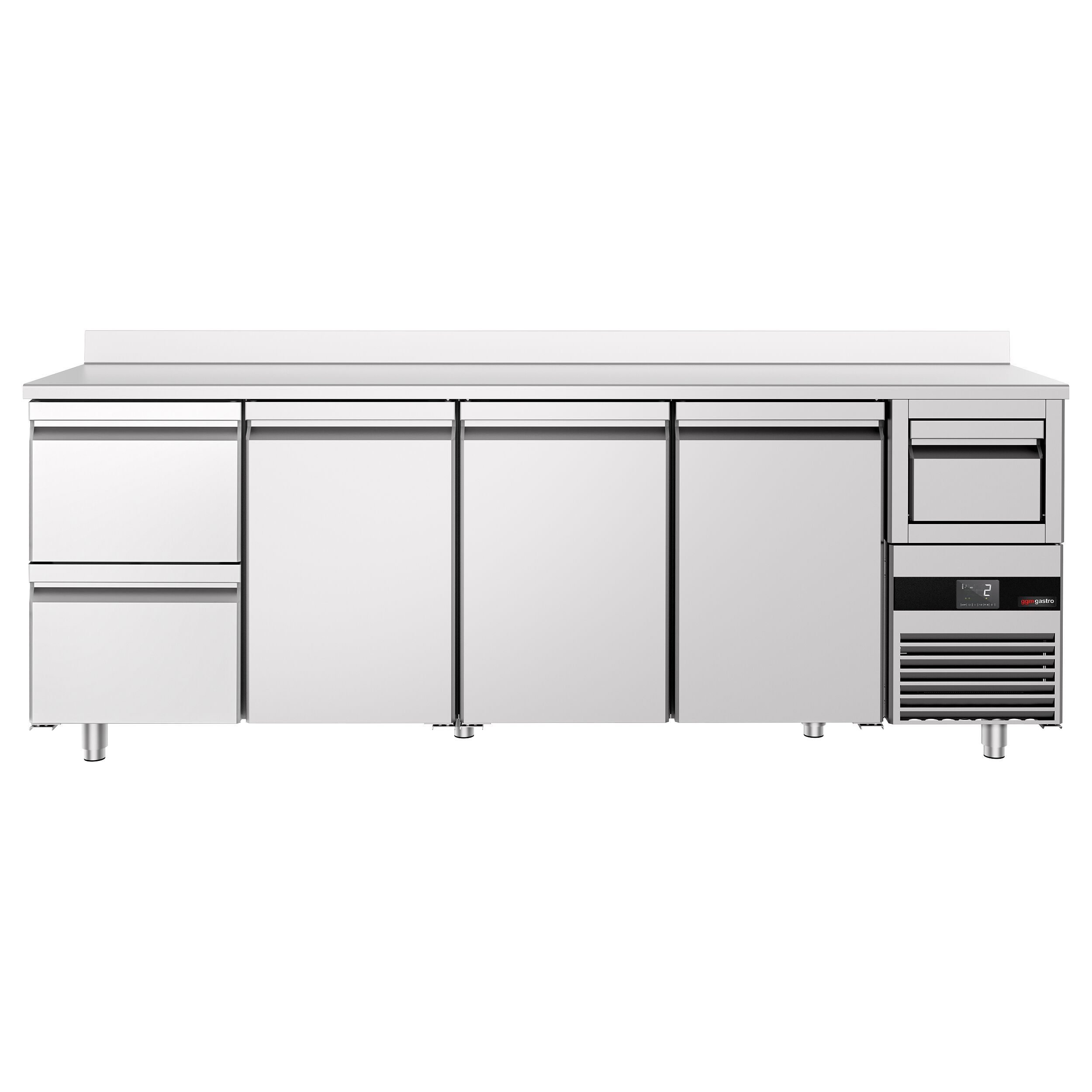 Arrière-bar réfrigéré professionnel  PREMIUM - 2690 x 600 mm - avec 3 portes et 2 tiroirs - avec dosseret - avec tiroir à marc de café