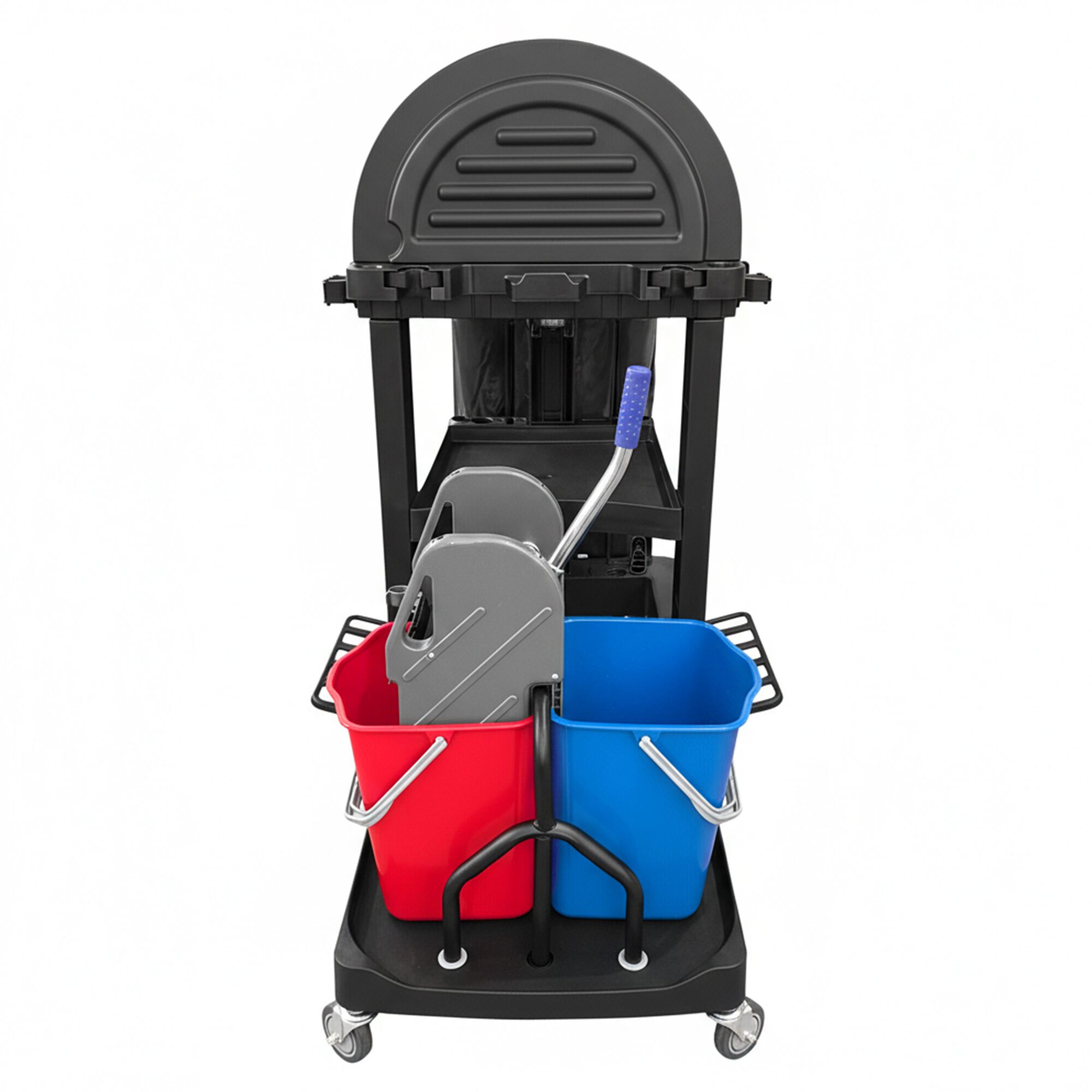Chariot de nettoyage - ouvert - 2 bacs, presse à mop, sac à linge & capot sur roulettes