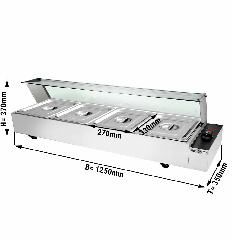 Bain-marie électrique à poser avec pare-haleine en verre - 4x GN 1/2 - 1,5 kW