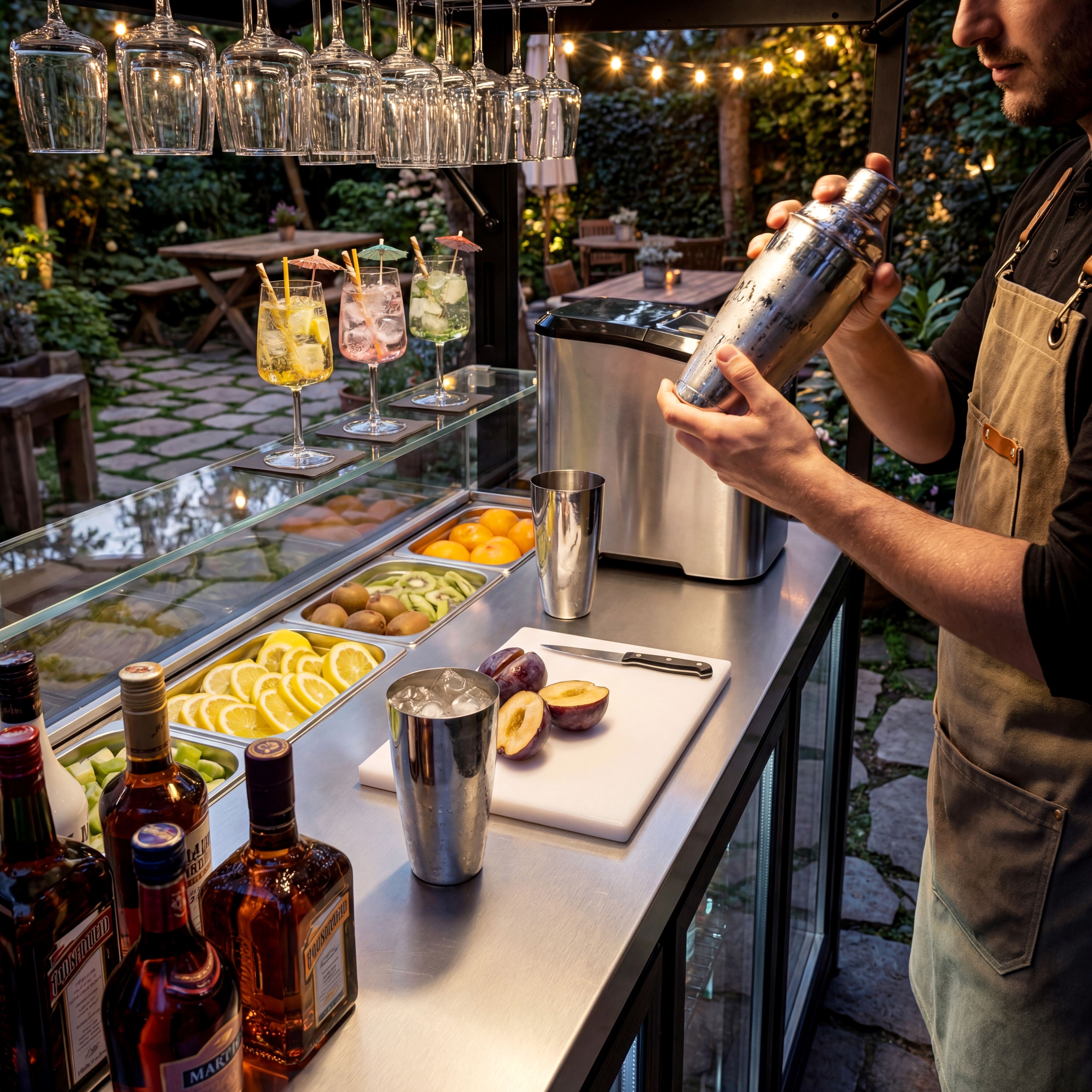 Station de cocktail mobile – avec réfrigérateur de bar, plan de travail, porte-verres et éclairage LED – rabattable