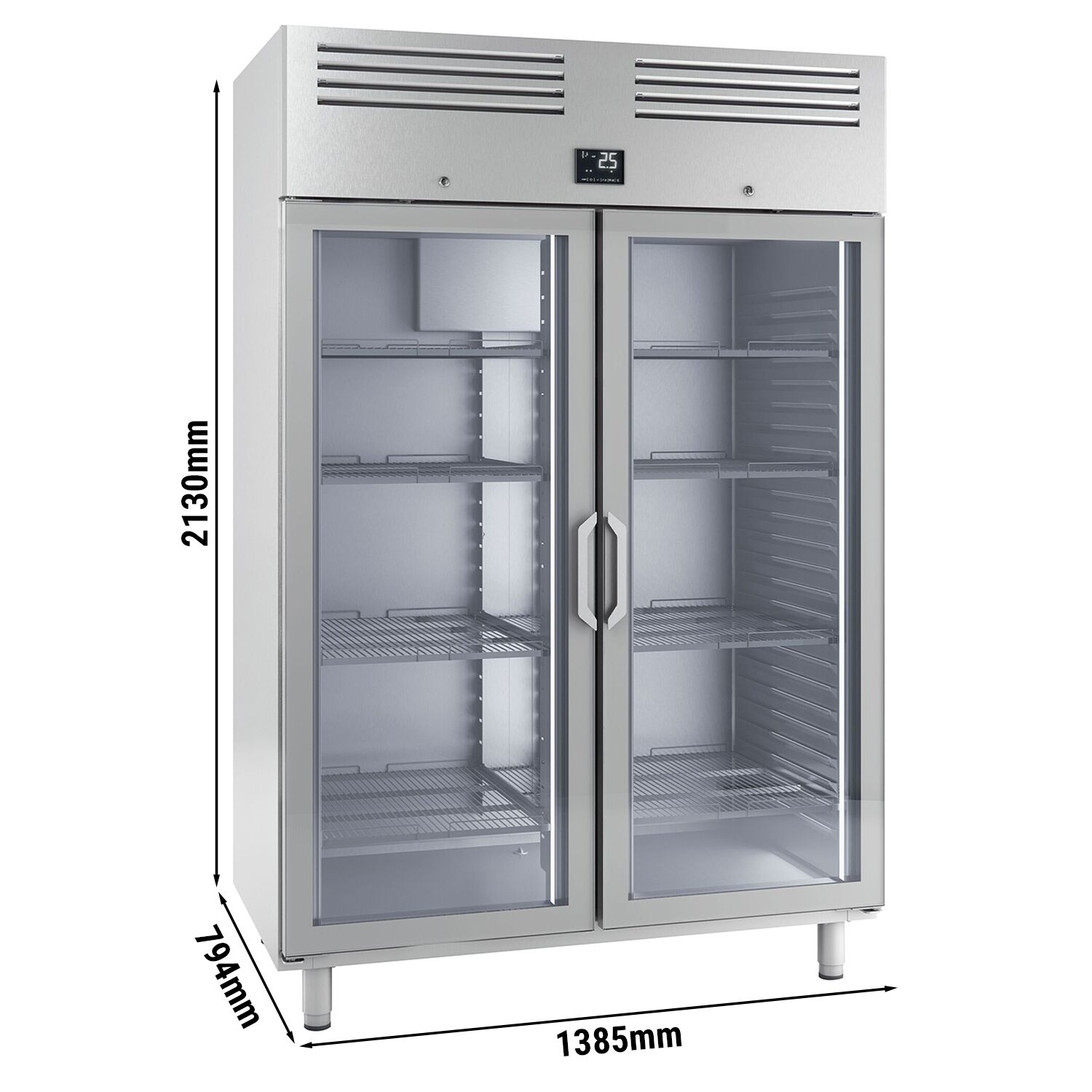 Armoire réfrigérée vitrée positive Inox AISI 304 PREMIUM PLUS - GN 1/1 - 1240 L - avec 2 portes vitrées & 8 grilles GN 2/1