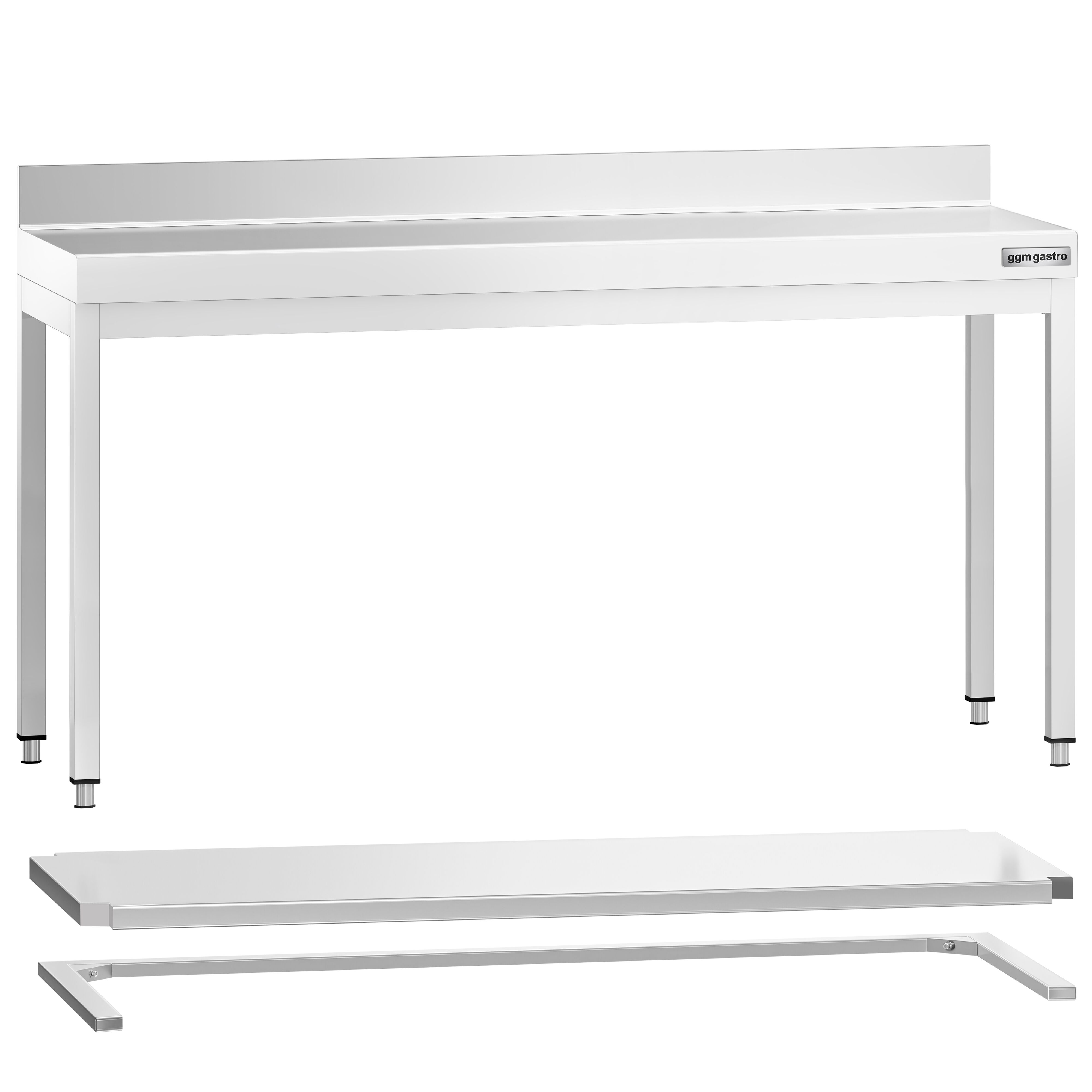 Table de travail inox PREMIUM - 2000 x 700 mm - avec tablette inférieure, Dosseret & Renforts