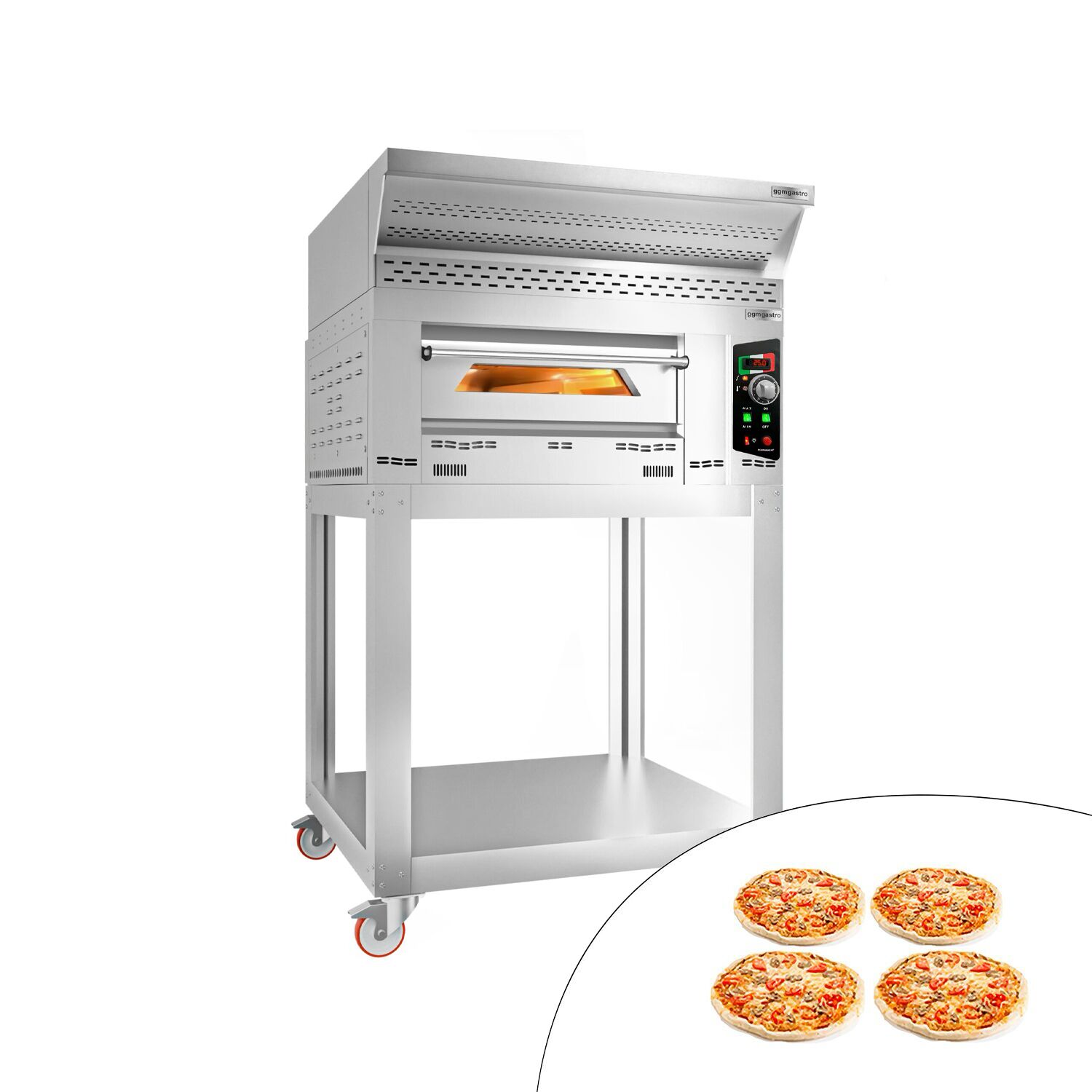 Four à pizza à gaz - 4 x 34 cm - Manuel - avec hotte, soubassement et roulettes