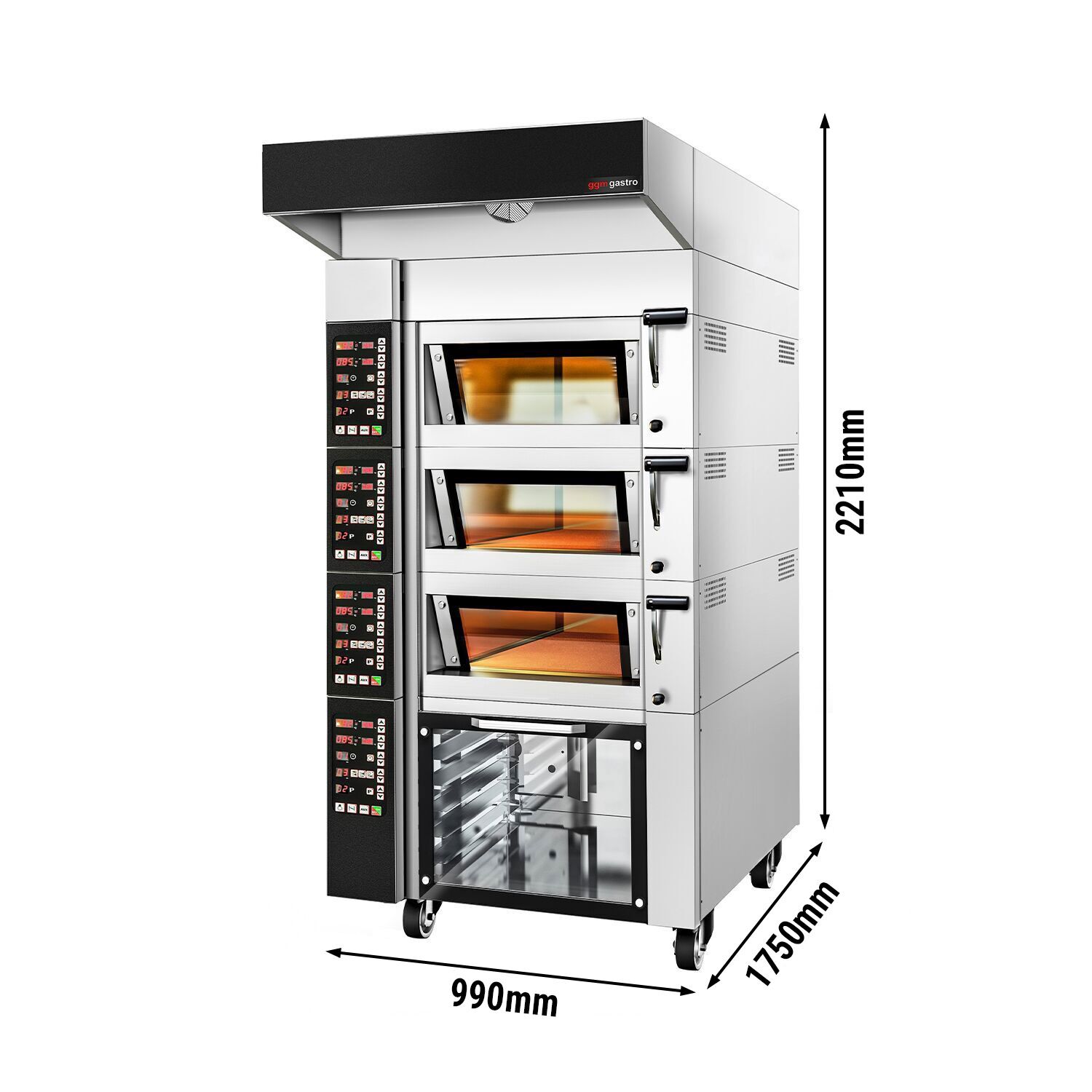 Four à étages de boulangerie avec fonction vapeur - numérique - 3 chambres de cuisson - avec hotte et chambre de fermentation 12 x EN 600 x 400