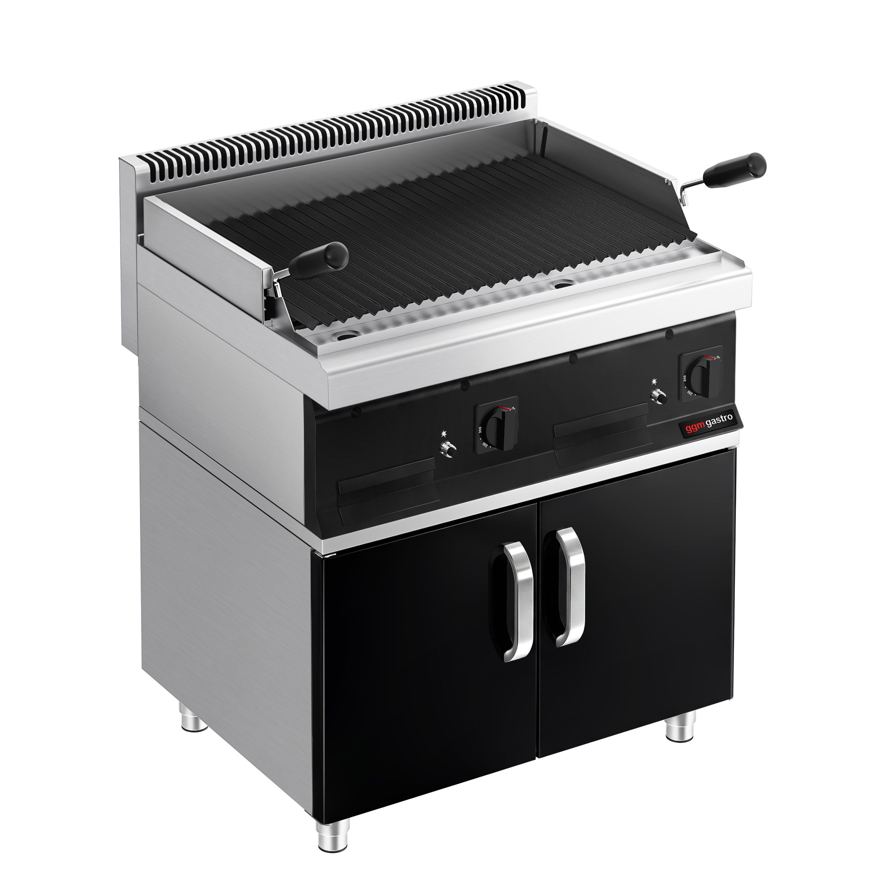 Commercial Gas Lava Rock Chargrill MARIO 700 - 800mm - with Cabinet Base - Tilting Grill Grid - Cast-Iron Cooking Grids - Black-front Fascia - incl. cabinet base - 2 Doors
