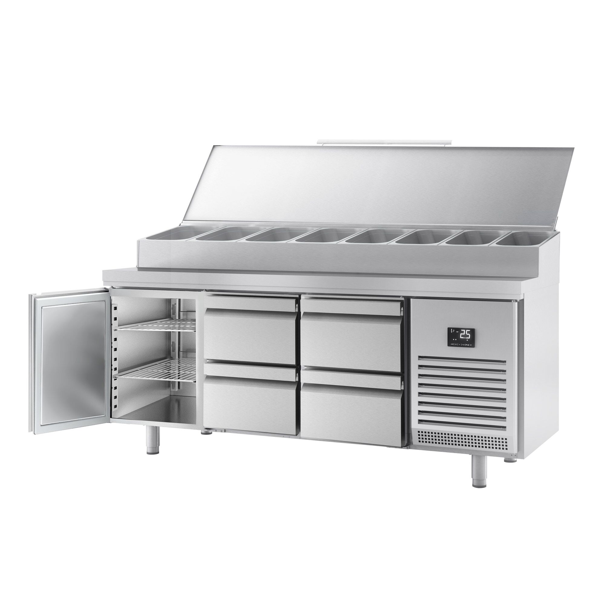 Table réfrigérée de préparation - 1960x600 mm - avec 1 porte & 4 tiroirs - superstructure inox pour 11 bacs GN 1/4