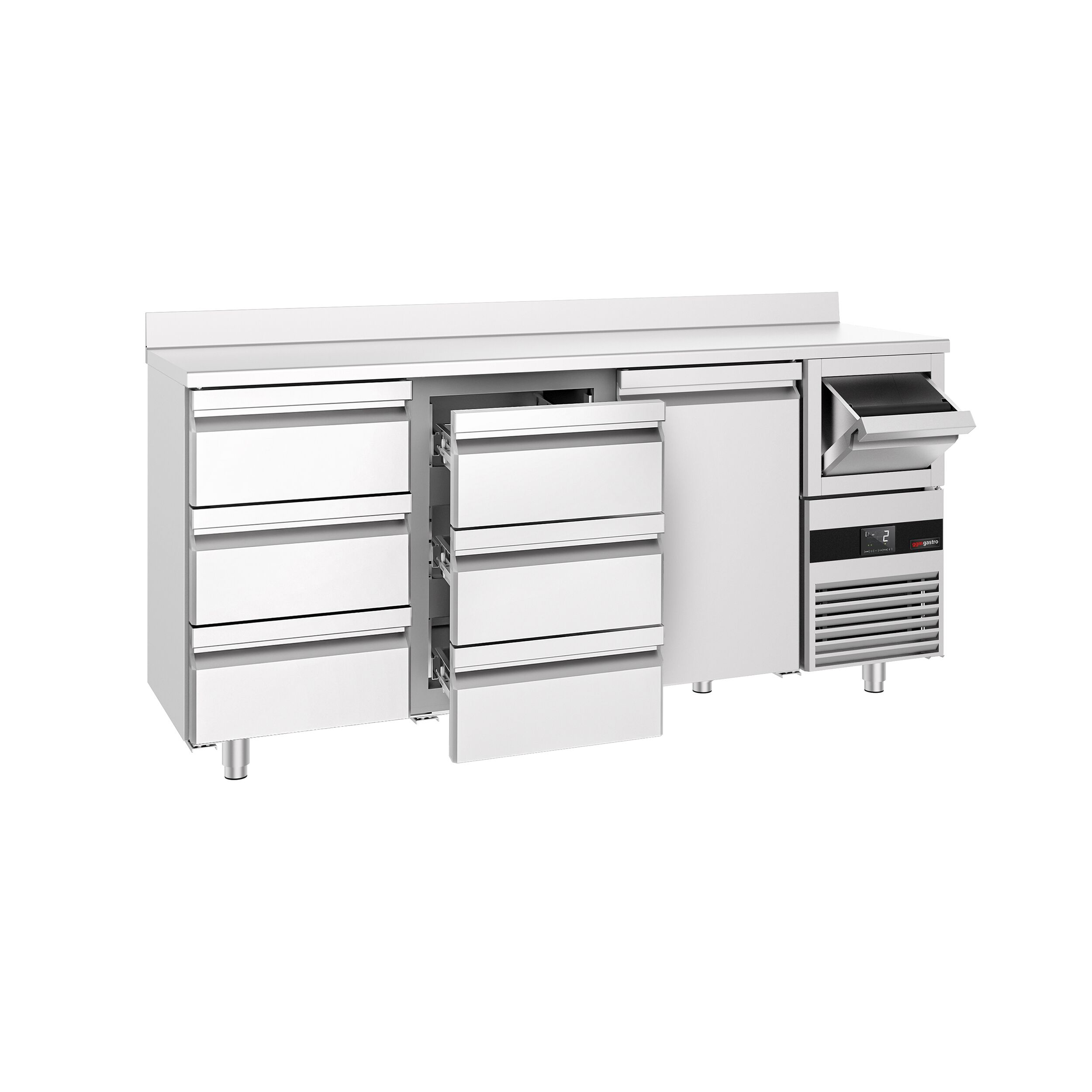 Arrière-bar réfrigéré professionnel  PREMIUM - 2130 x 600 mm - avec 1 porte et 6 tiroirs - avec dosseret - avec tiroir à marc de café