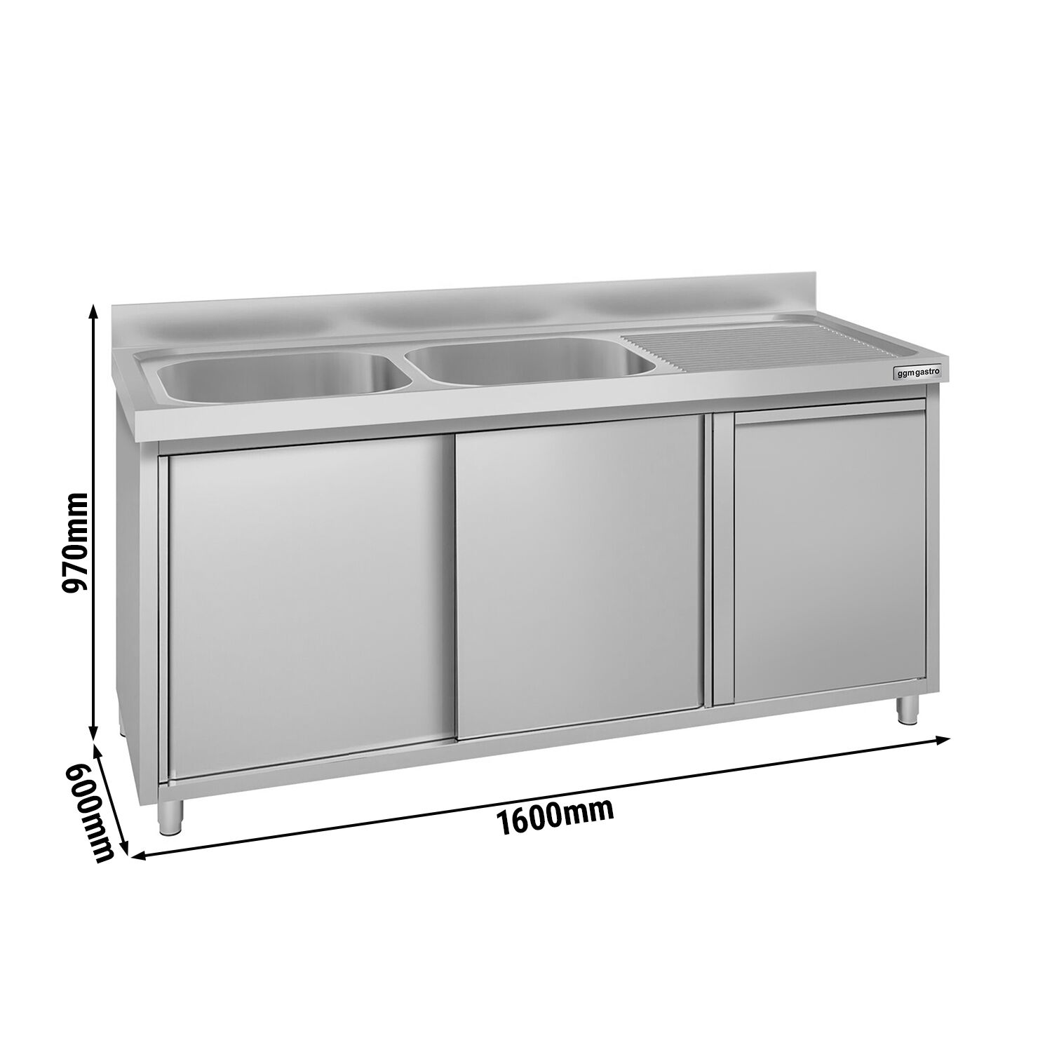 Meuble évier ECO - 1600 x 600 mm - avec poubelle & 2 bacs à gauche