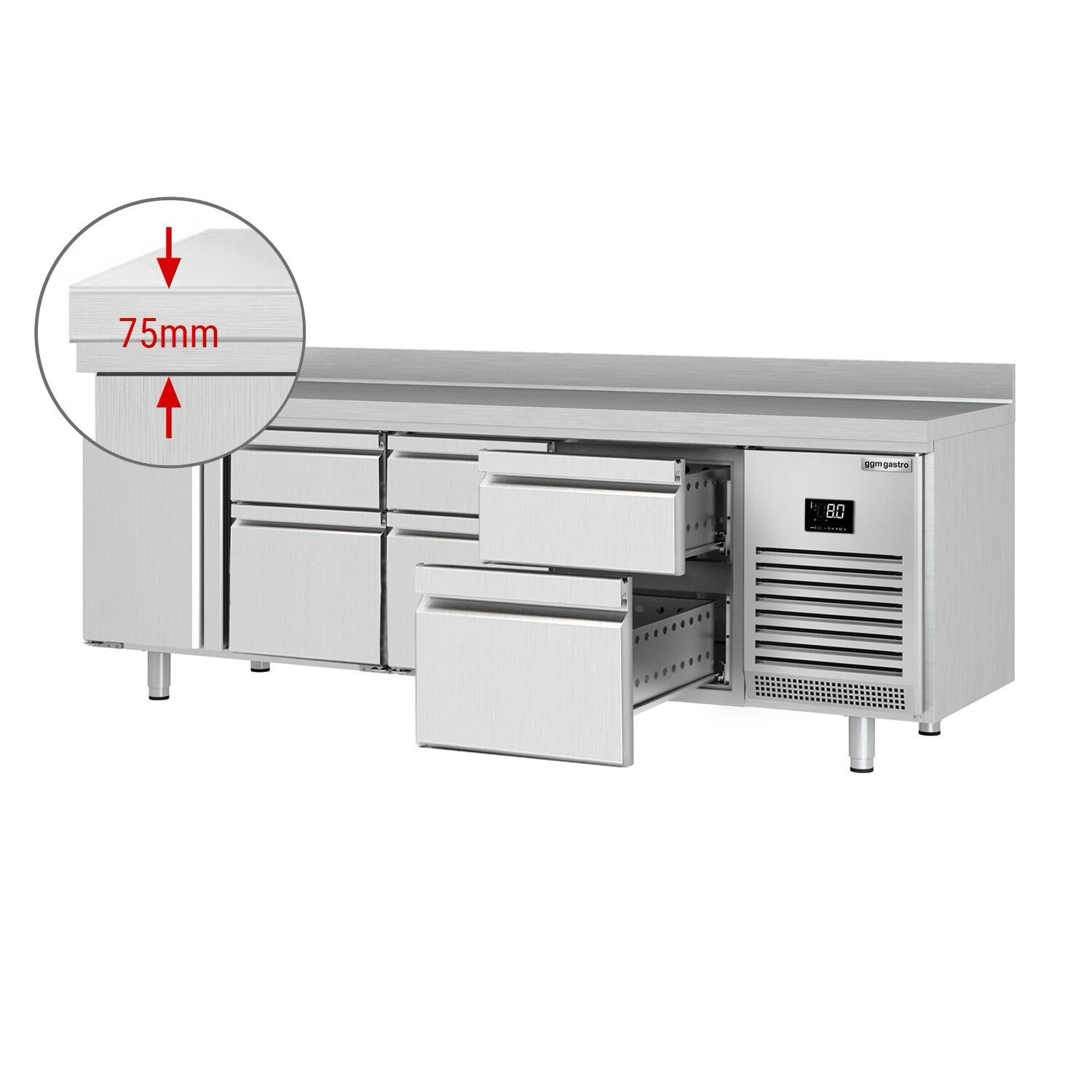 Table réfrigérée Premium PLUS - 2452 x 600 mm - avec 1 porte - 6 tiroirs - avec dosseret