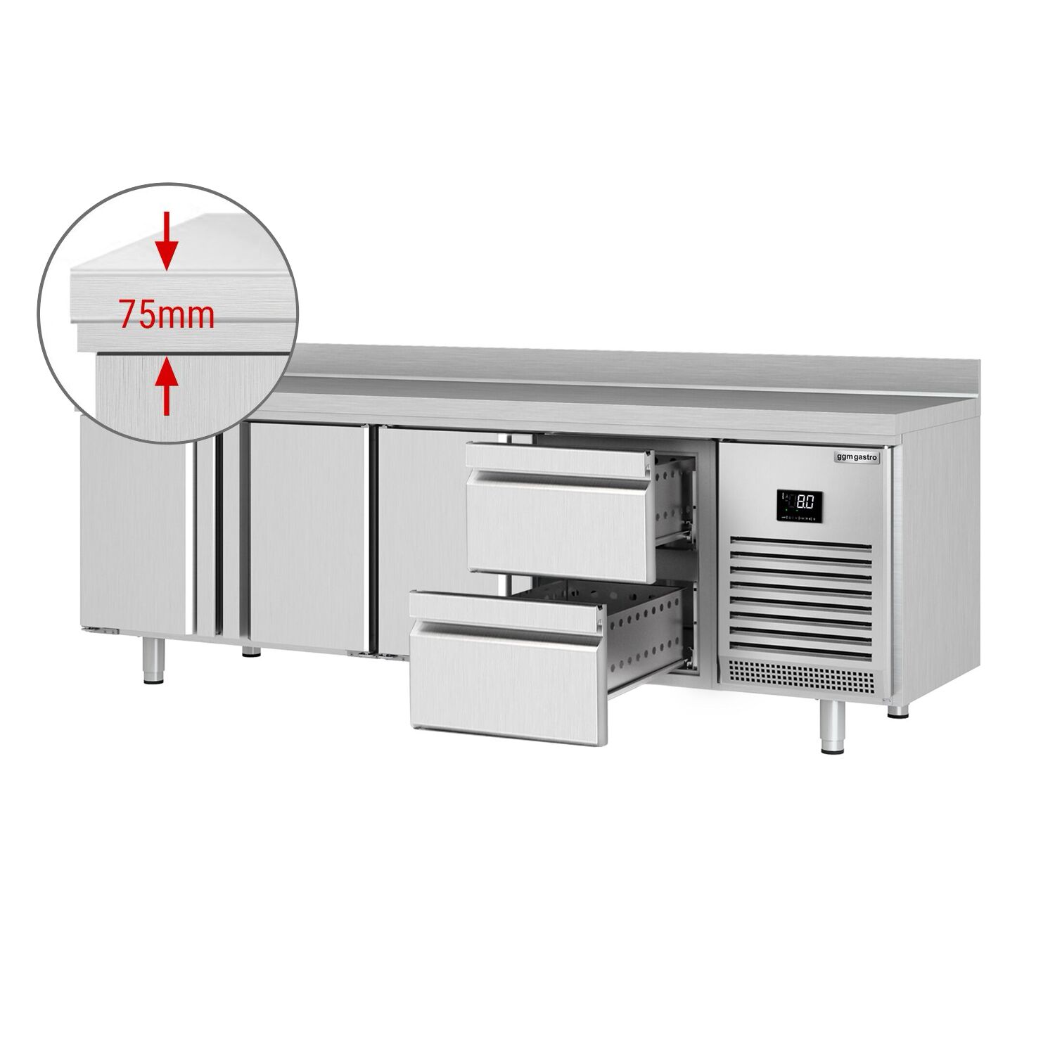 Table réfrigérée Premium PLUS - 2452 x 700 mm - avec 3 portes - 2 tiroirs - avec dosseret