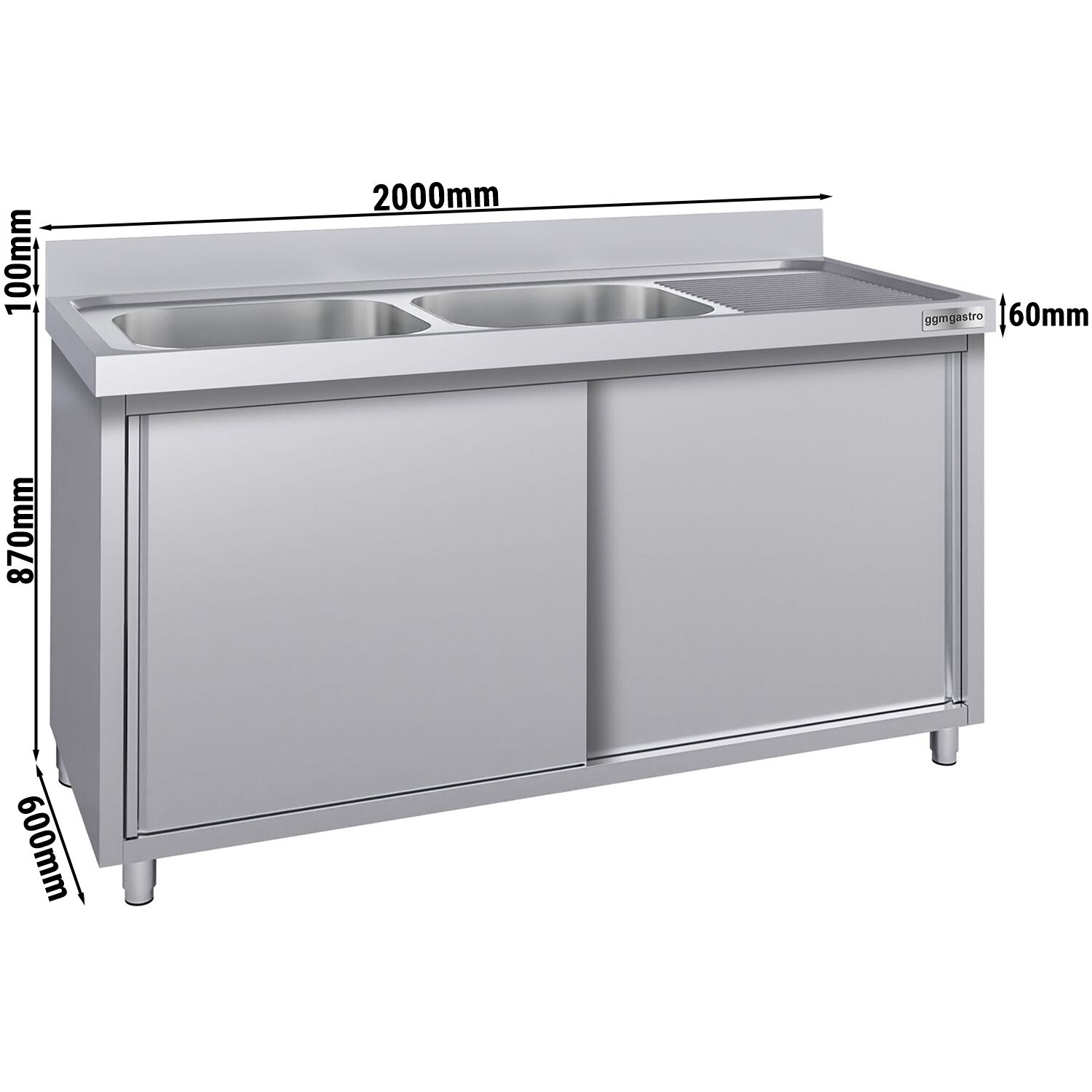 Meuble évier ECO - 2000 x 600 mm - avec 2 bacs à gauche