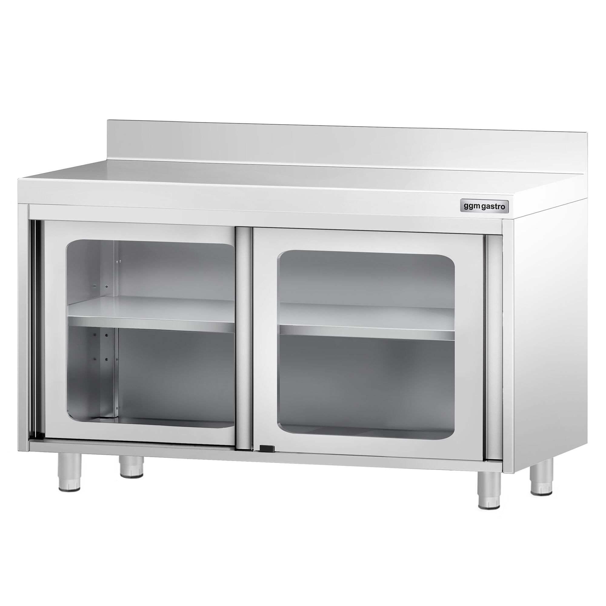 Table armoire en acier inoxydable PREMIUM - 1200x700mm - avec portes coulissantes vitrées - avec dosseret