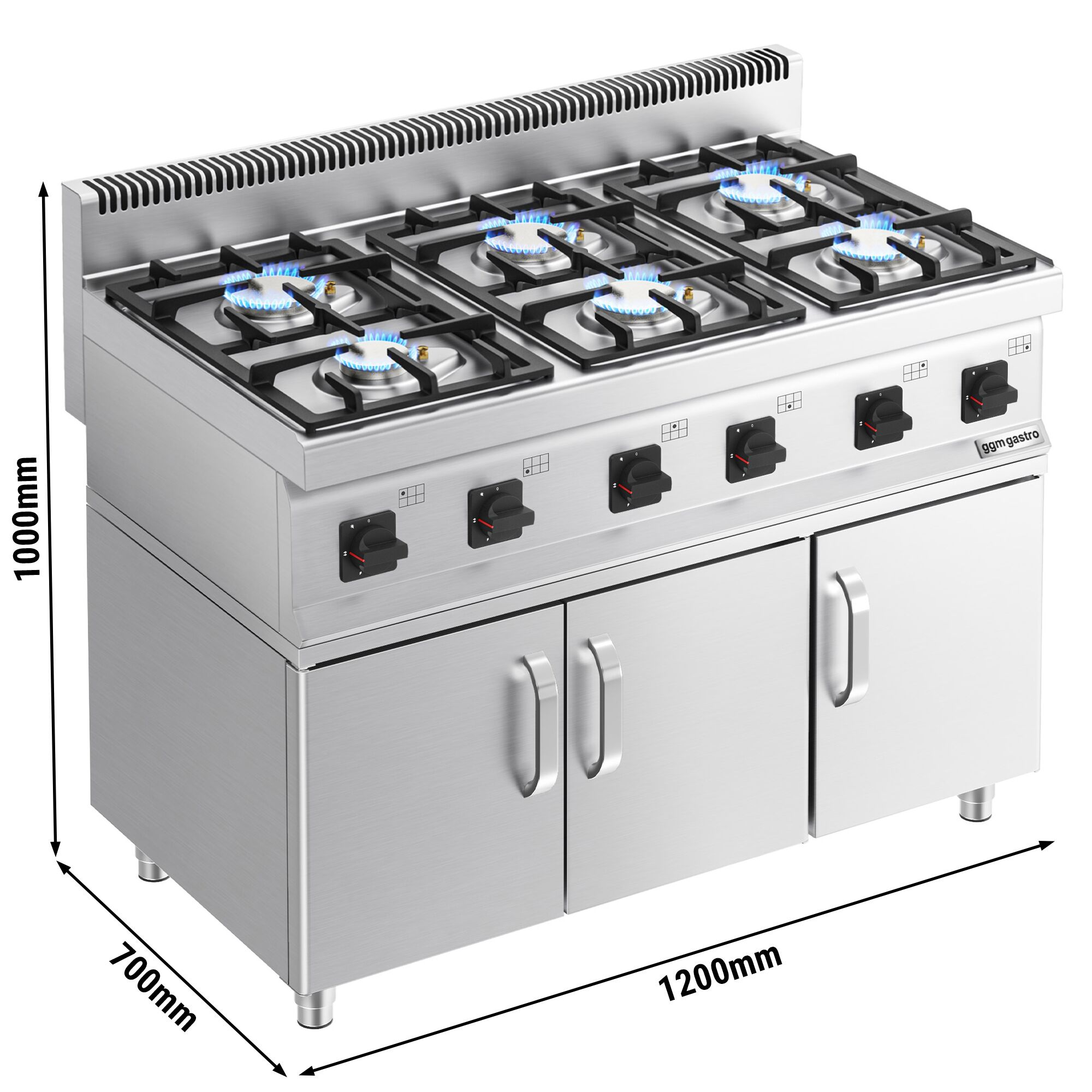 Fourneau à gaz – 36 kW – 6 brûleurs – avec soubassement avec 3 portes