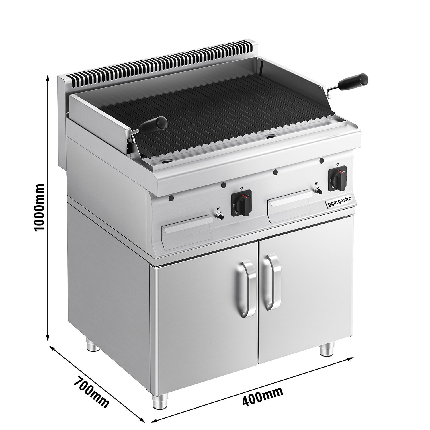 Grill à pierre de lave à gaz – 14 kW – grille inclinable – incl. soubassement avec 2 portes