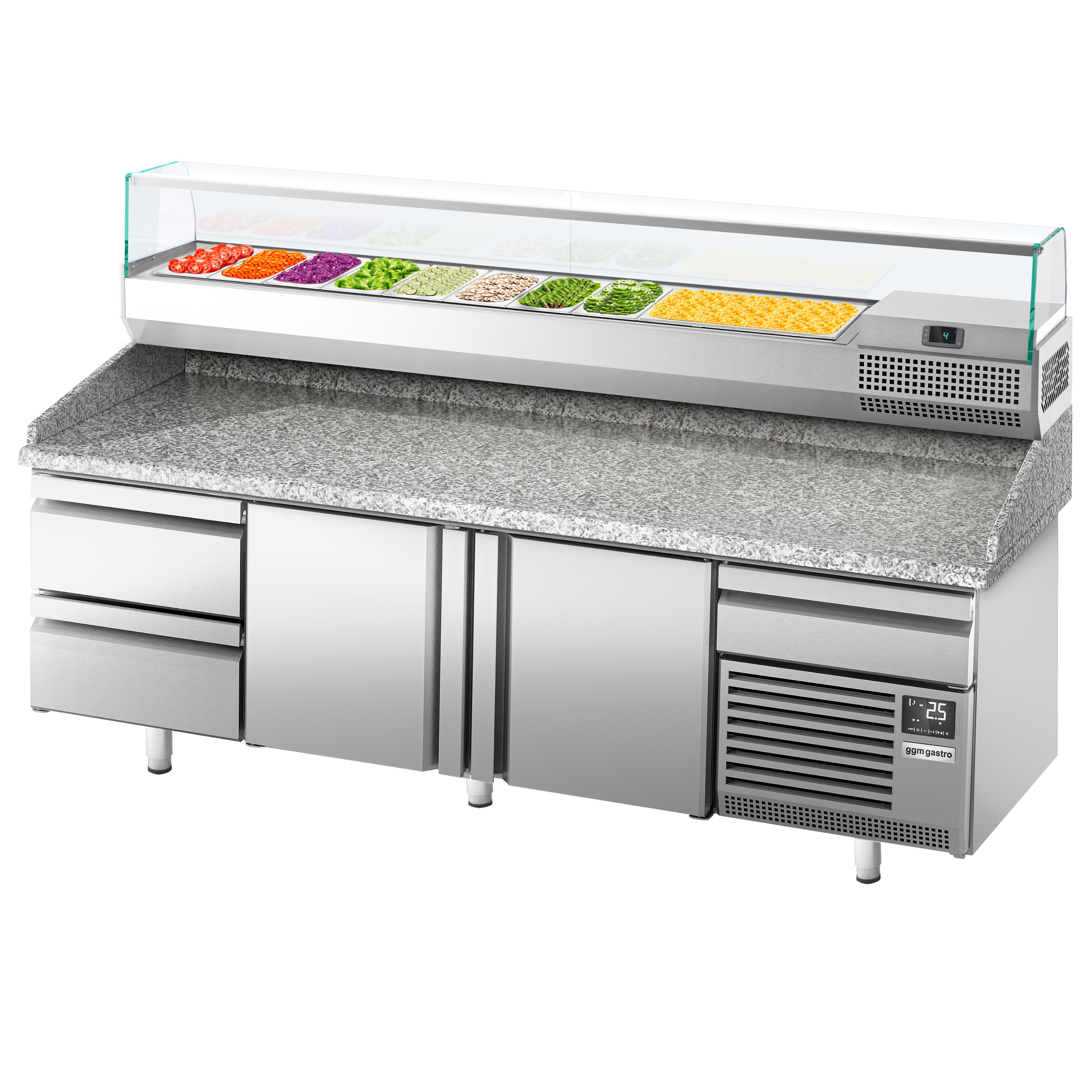 Table réfrigérée à pizza Premium PLUS - 2305 x 800 mm - avec 2 portes & 3 tiroirs - incl. vitrine réfrigérée de présentation - 10x GN 1/3