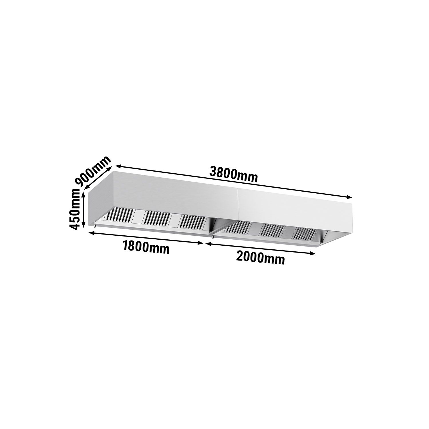 Hotte à adosser professionnelle - Profondeur 900 - 3800mm - sans moteur - avec filtres et éclairage