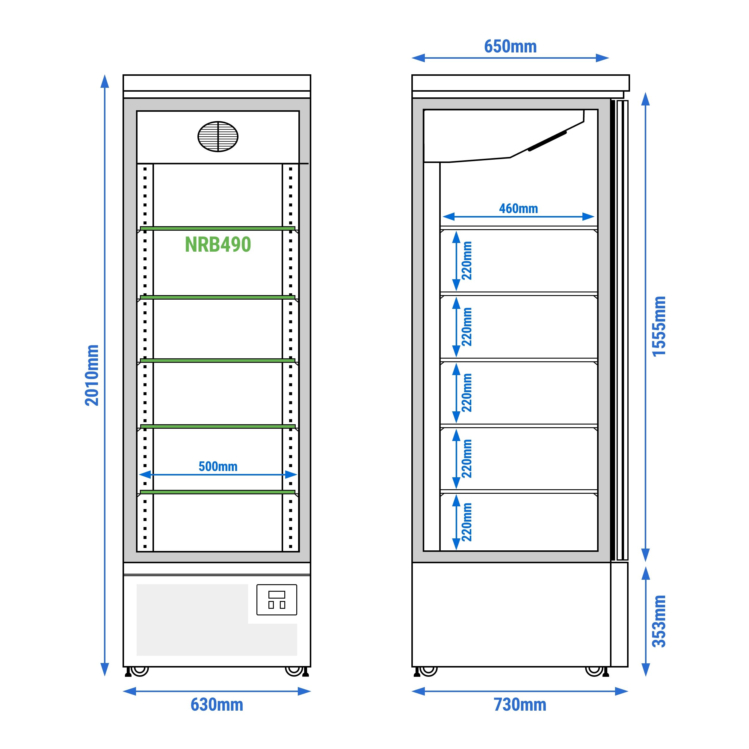 Vitrine murale de congélation - 630 mm - 443 litres - avec 1 porte battante à double vitrage & 5 étagères