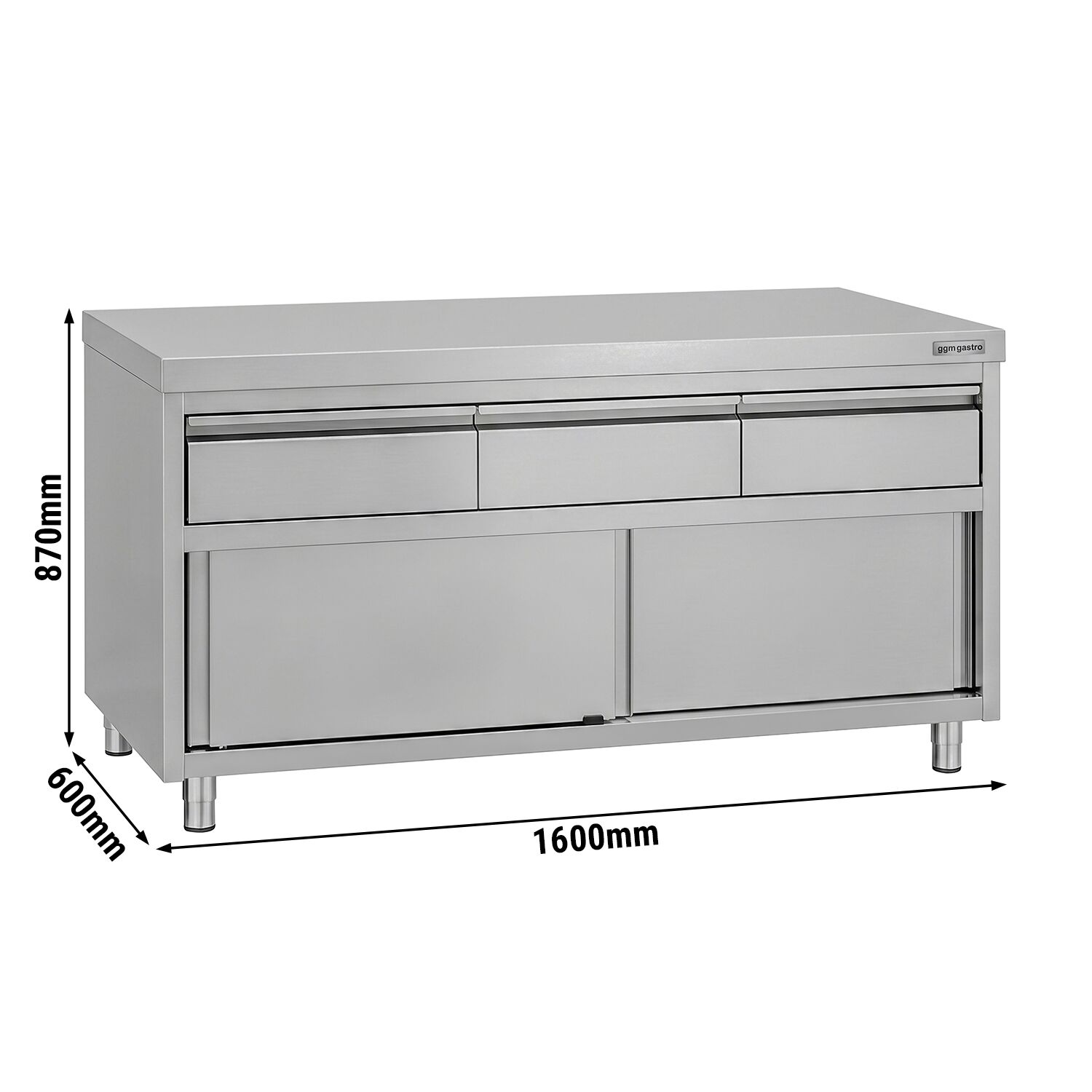 Armoire de travail en acier inoxydable ECO - 1600 x 600 mm - avec 3 tiroirs et une porte coulissante