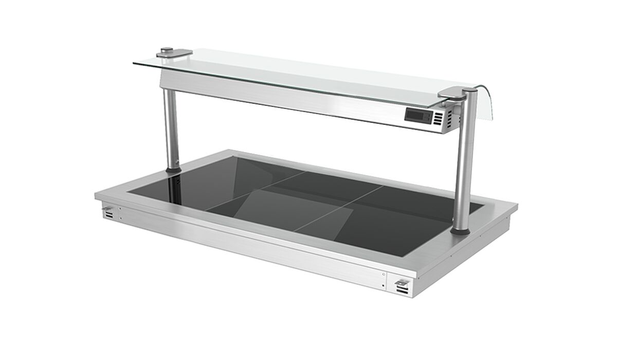 De embutir Mesa de buffet quente PROFISSIONAL com placa vitrocerâmica em aço inoxidável - 1000mm - 3x GN 1/1 - 1,35kW - com resguardo de vidro contra salpicos