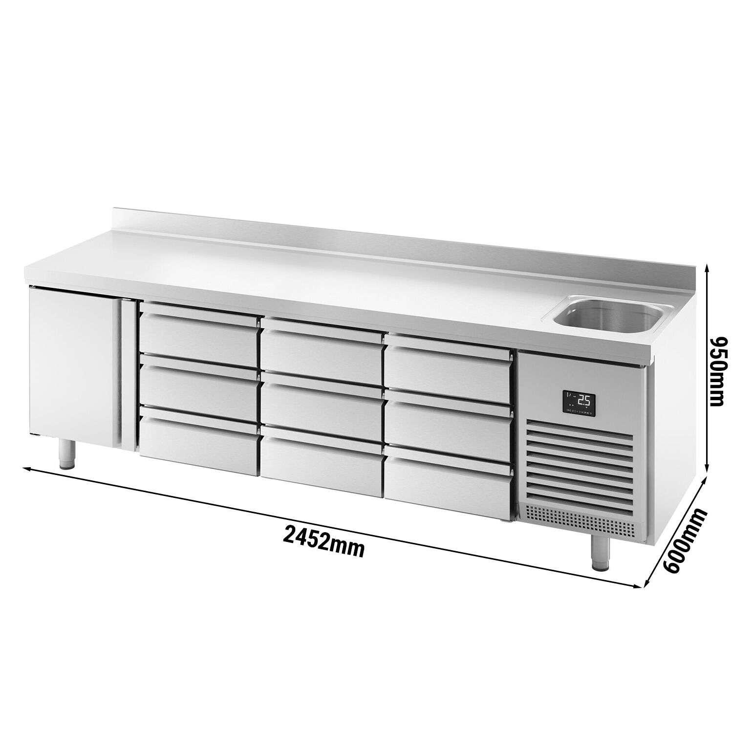 Kylbänk Premium PLUS - 2452x600x850 mm - 510 l - med 1 ho - 1 dörr - med 9 lådor - hög bakkant