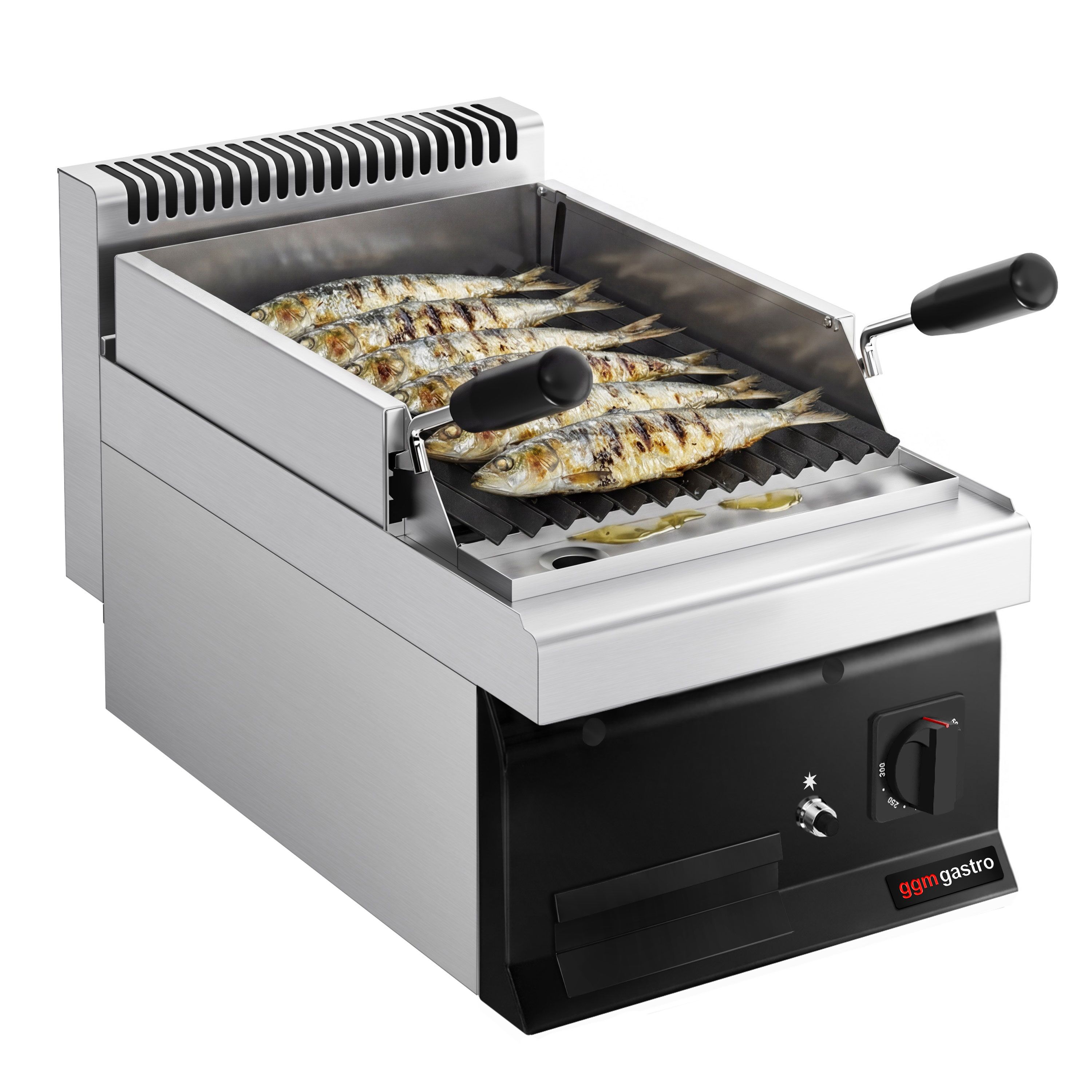 Commercial Gas Lava Rock Chargrill MARIO 700 - 400mm - Countertop - 700mm Deep - 1 Grill Grid - Tilting Grill Grid - Black-front Fascia