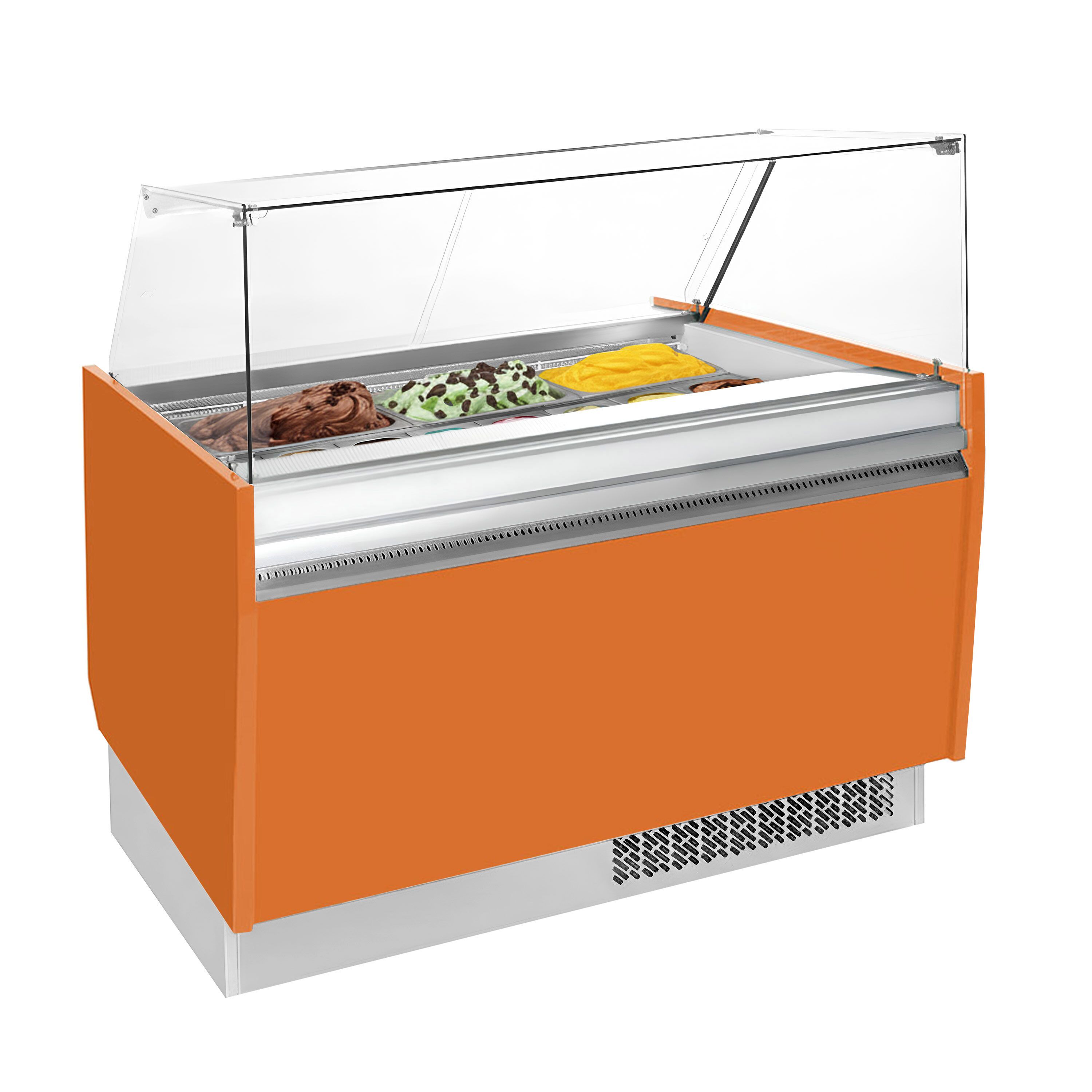 Vitrine à glace LIAM – 1310 mm – refroidissement statique – pour 10+10 bacs à glace de 5 litres – Orange