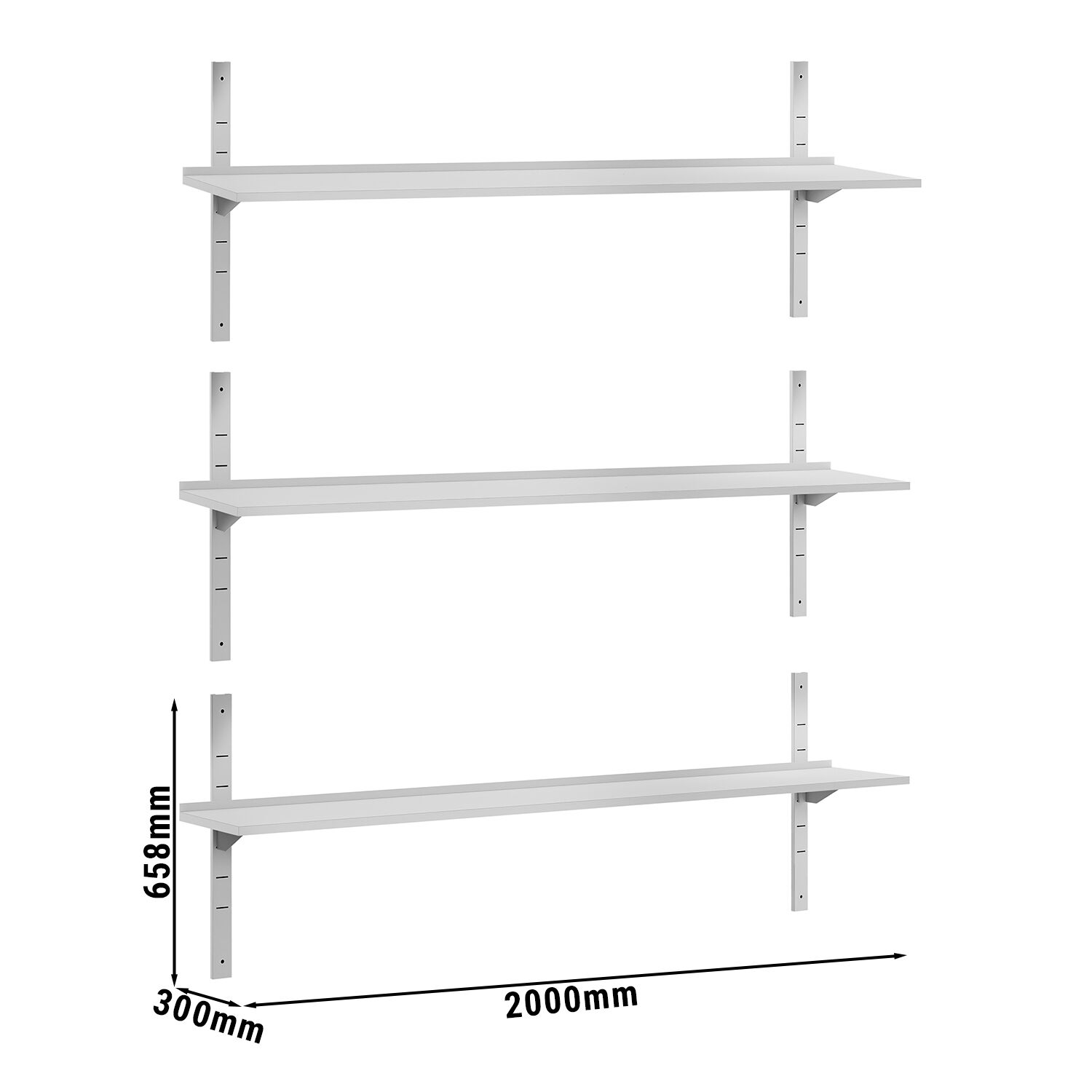 Étagère murale ECO en inox - 2000 × 300 mm - avec 3 étages