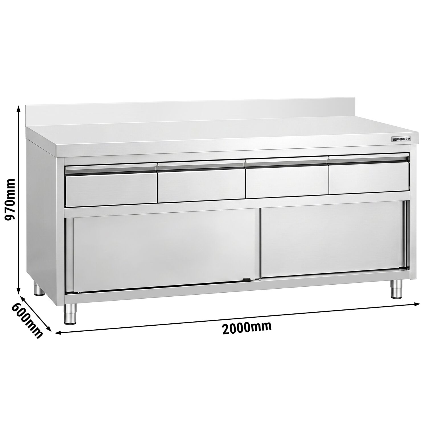Armoire de travail en acier inoxydable PREMIUM - 2000 x 600 mm - avec rebord - avec 4 tiroirs et une porte coulissante