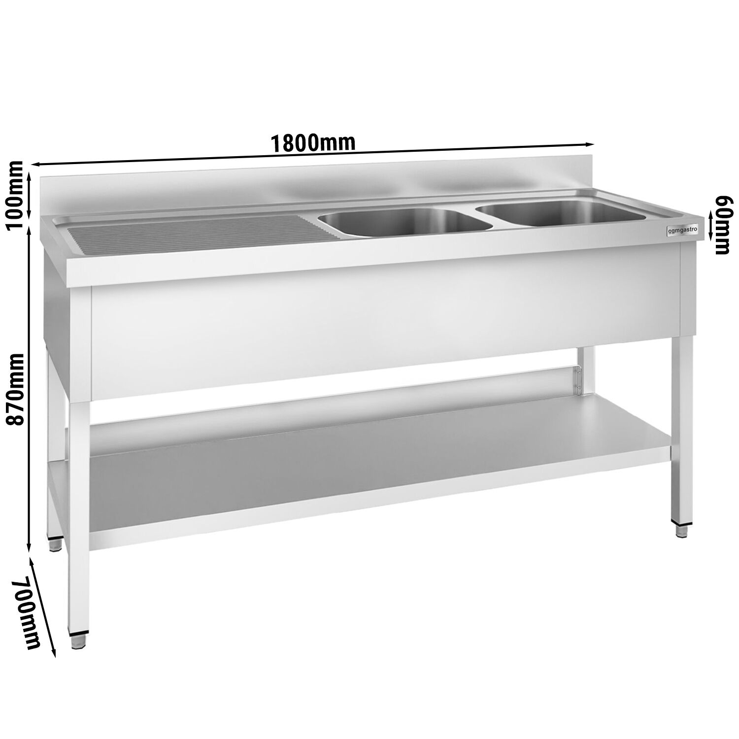 Spültisch PREMIUM - 1800x700mm - mit Grundboden - mit 2 Becken rechts