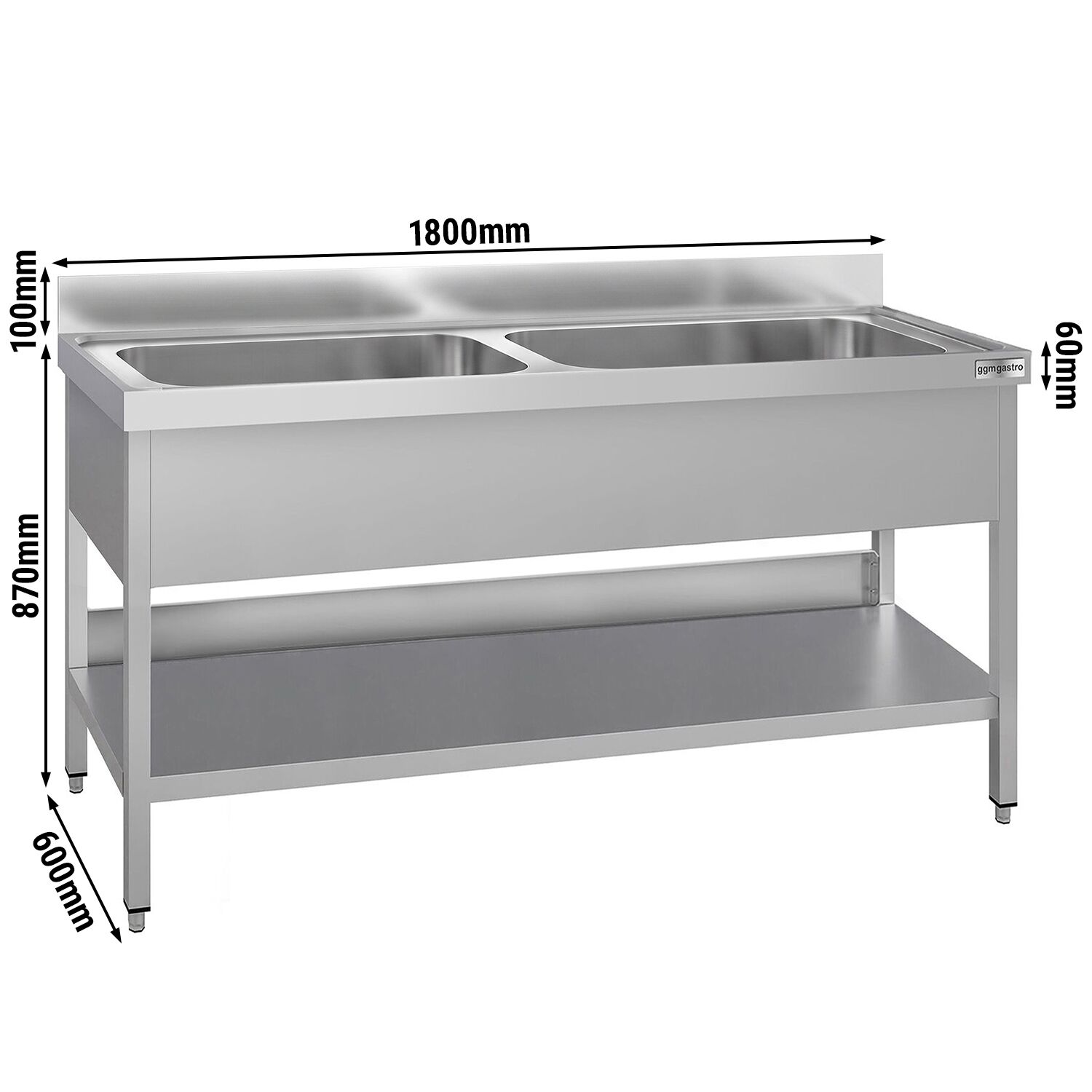 ECO pot washing table – 1800x600mm – with 2 basins