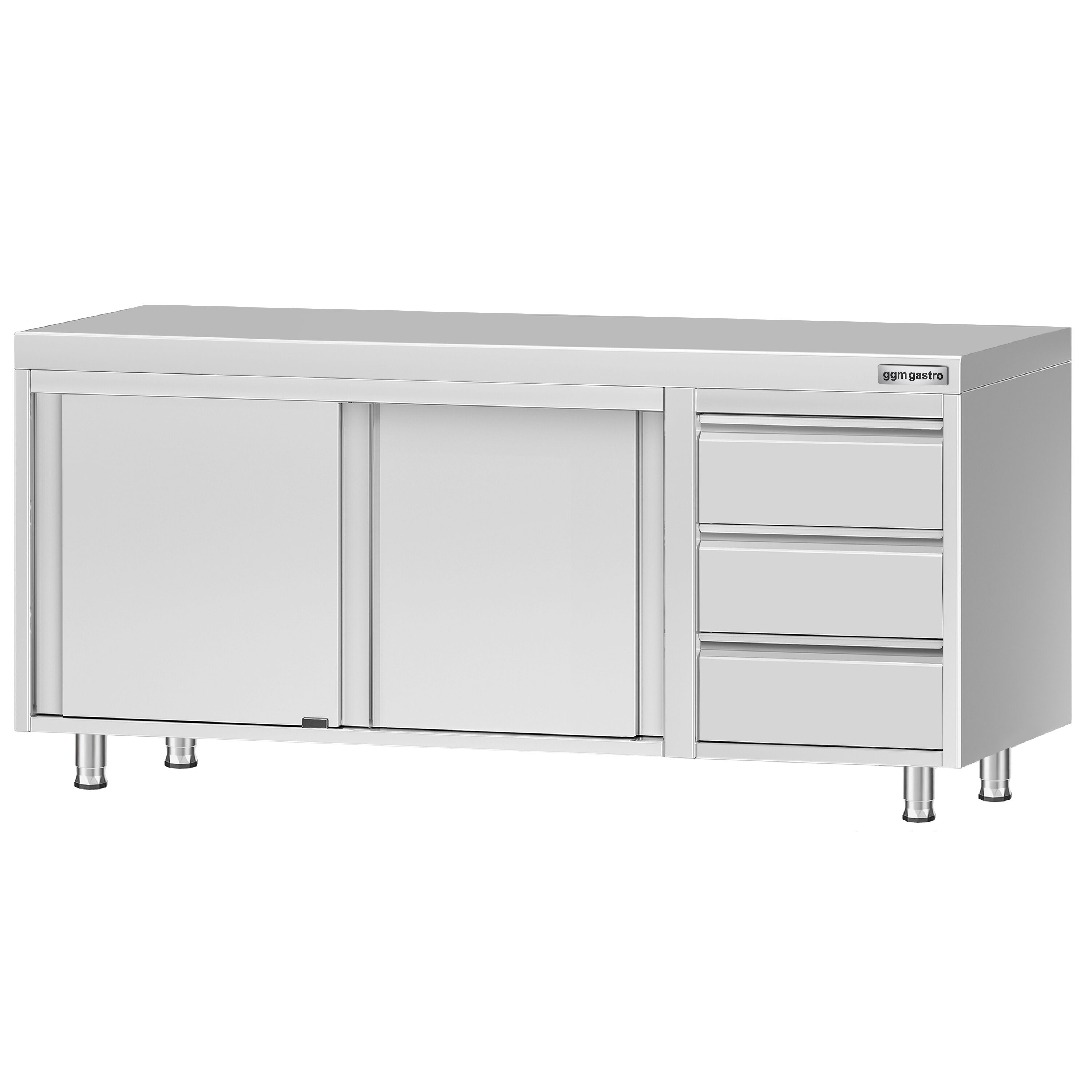 Table armoire en acier inoxydable ECO - 2000x700mm - avec 3 tiroirs à droite et portes coulissantes