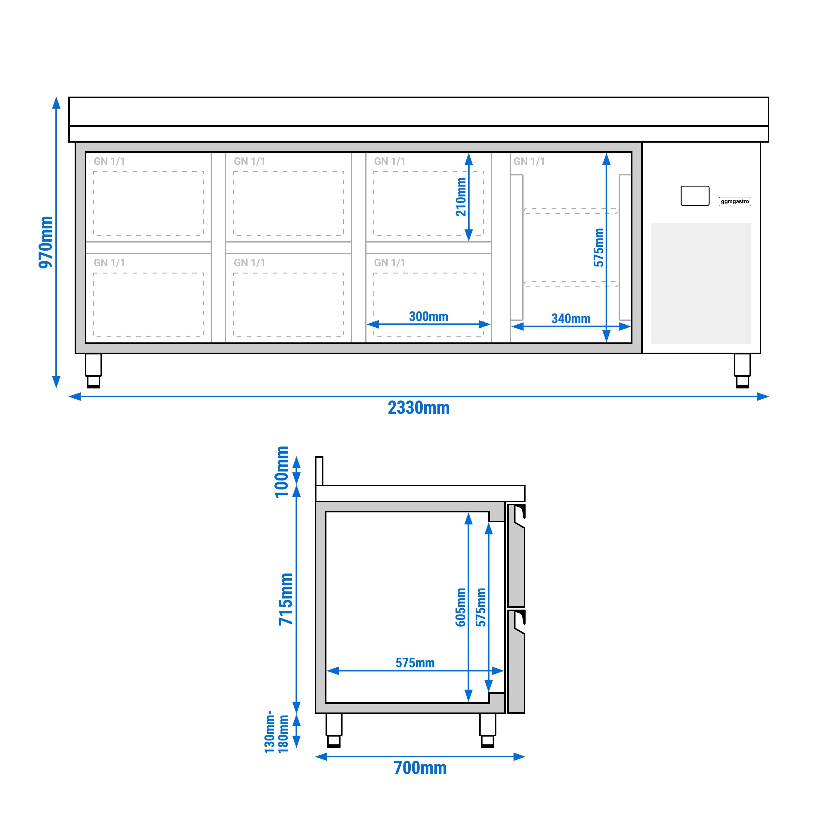 Table réfrigérée PREMIUM - 2330x700 mm - avec 1 porte - 6 tiroirs - avec dosseret