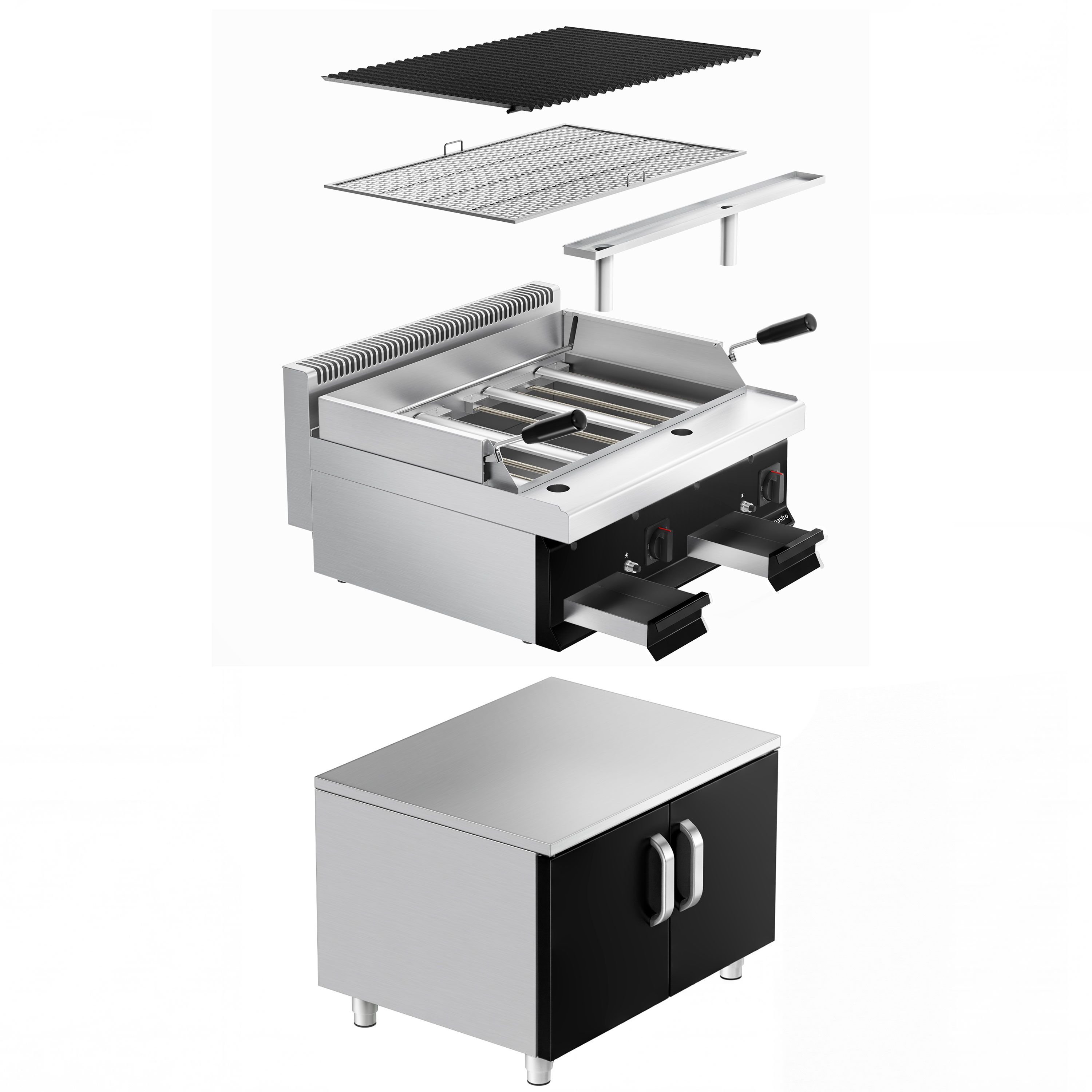 Commercial Gas Lava Rock Chargrill MARIO 700 - 800mm - with Cabinet Base - Tilting Grill Grid - Cast-Iron Cooking Grids - Black-front Fascia - incl. cabinet base - 2 Doors