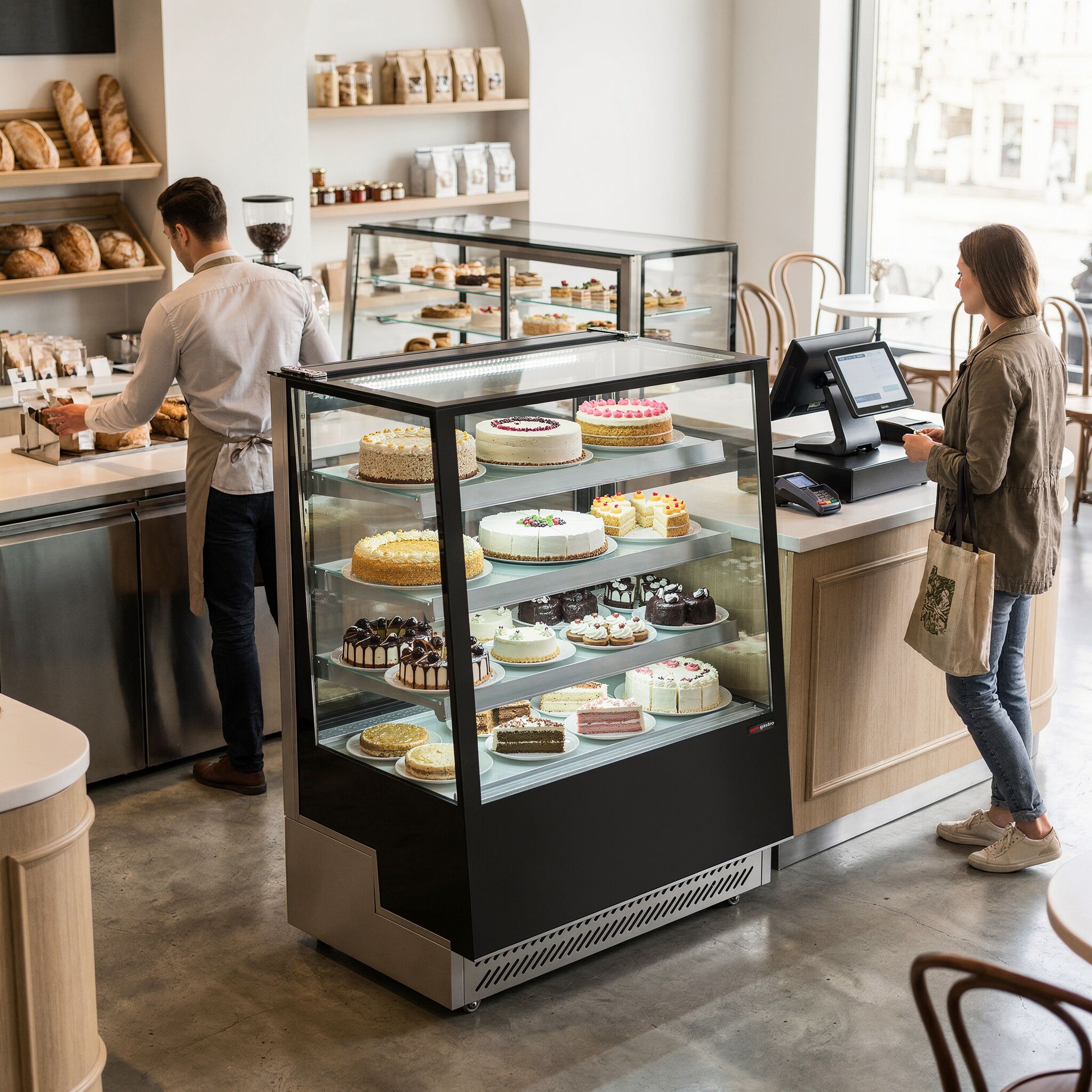 Vitrine à pâtisserie réfrigérée - 508L - 900mm - Double vitrage - avec 4 étagères en verre - portes coulissantes vitrées arrière - Noir