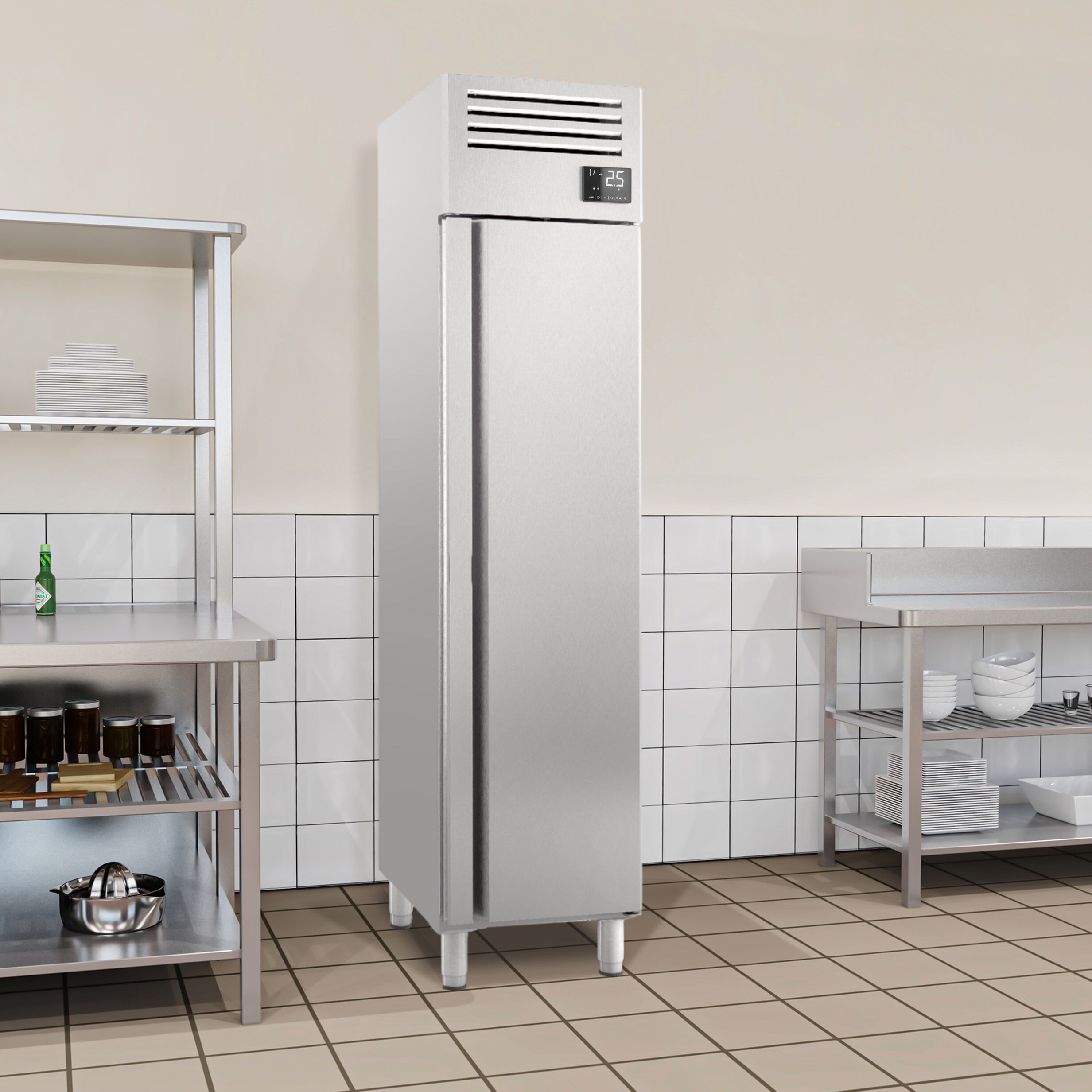 Armoire réfrigérée positive en acier inoxydable AISI 304 PREMIUM PLUS - GN 1/1 - 325 L - avec 1 porte & Glissières GN & 3 grilles GN 1/1
