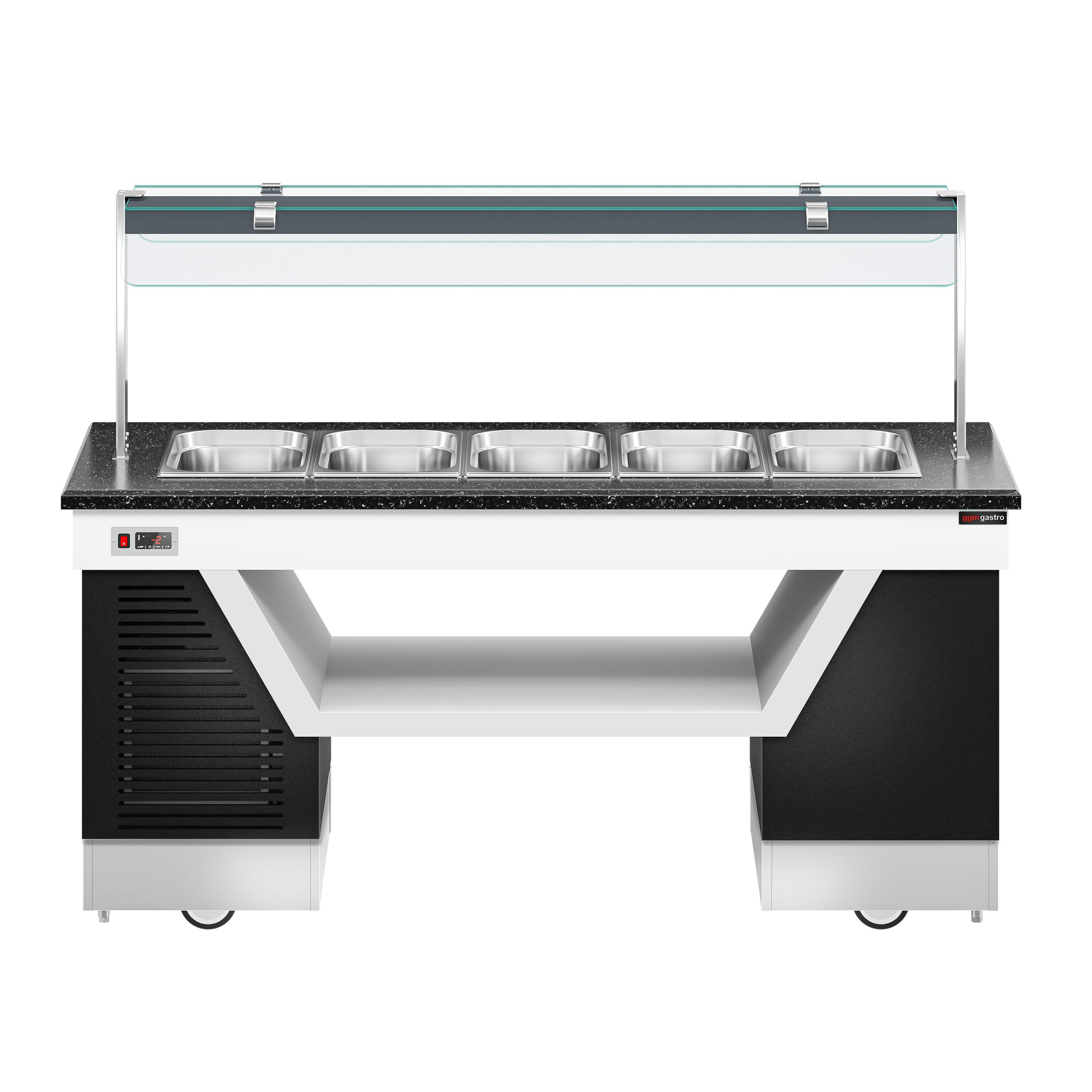 Refrigerated Buffet Display BELFAST - 2000mm - with Refrigerated Well + Flat Glass Sneeze Guard - on Castors - for 5x GN 1/1 - Black