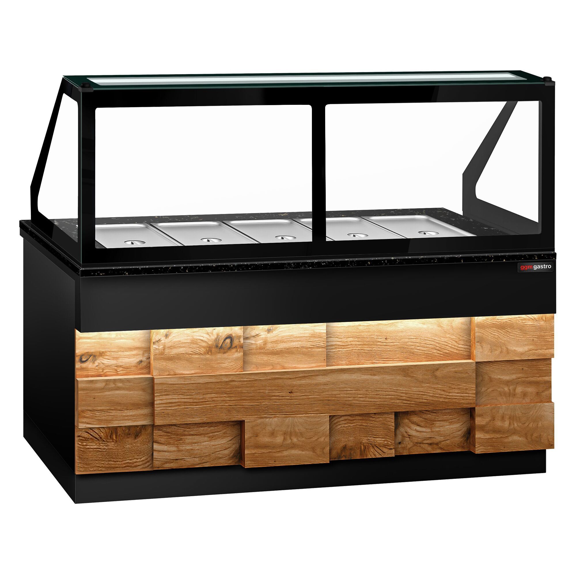 Saladette réfrigérée - 2000mm - façade décor bois bois naturel - 3 portes - avec vitrine de comptoir pour 5x GN 1/1 & 1 étagère - plan de travail en granit noir