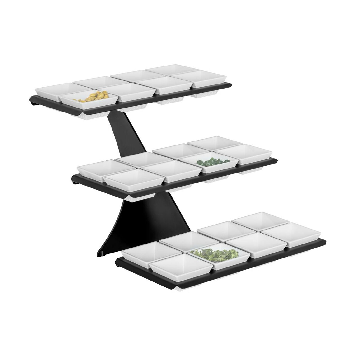 Etagere / Buffet Stand - Black - square - Height: 420mm - incl. 24 Melamine bowls 100x100mm - with 3 shelves - Powder-coated stainless steel & Melamine