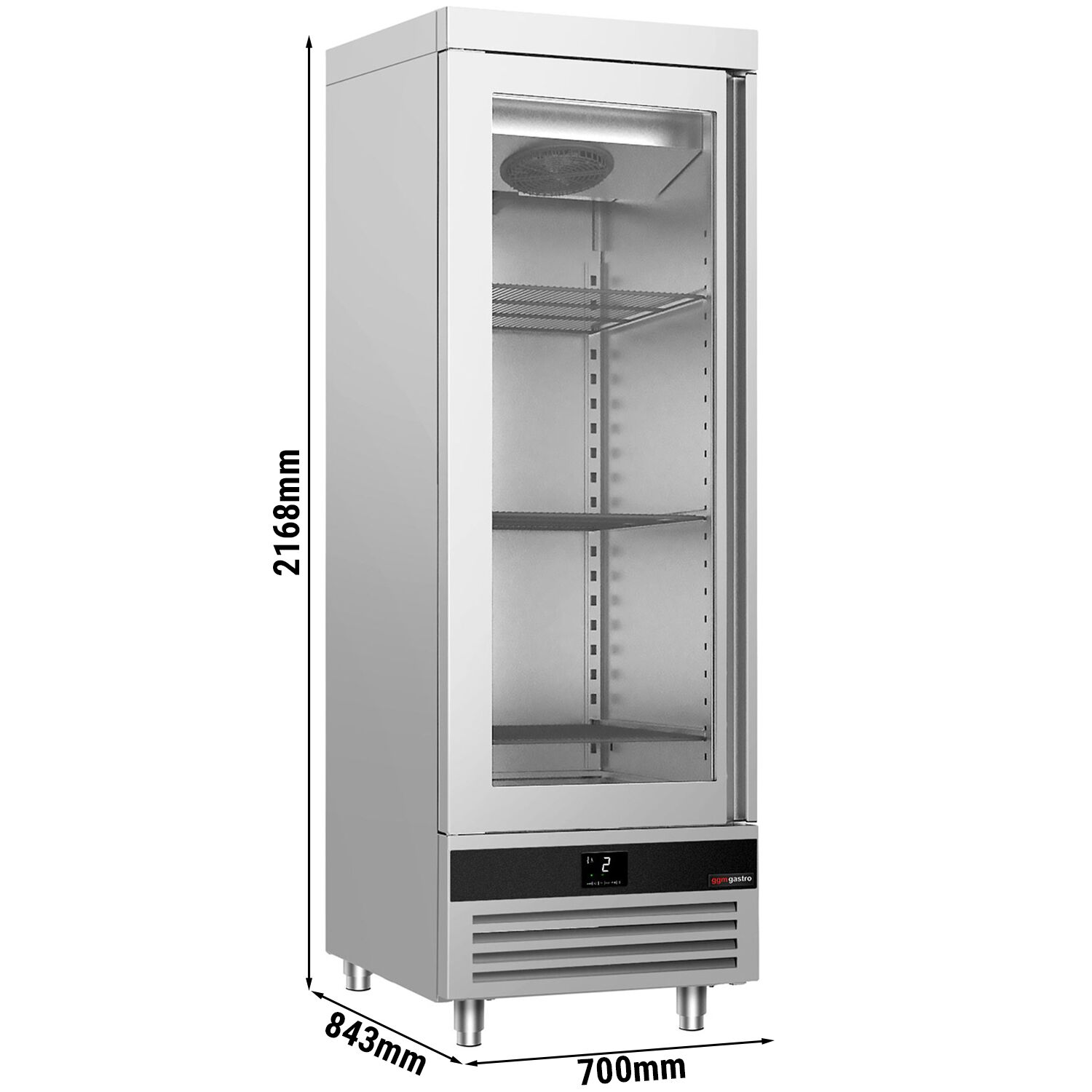 Armoire réfrigérée vitrée positive en acier inoxydable (AISI 430) PREMIUM - GN 2/1 - 600 L - avec 1 porte vitrée & 4 glissières & 4 grilles