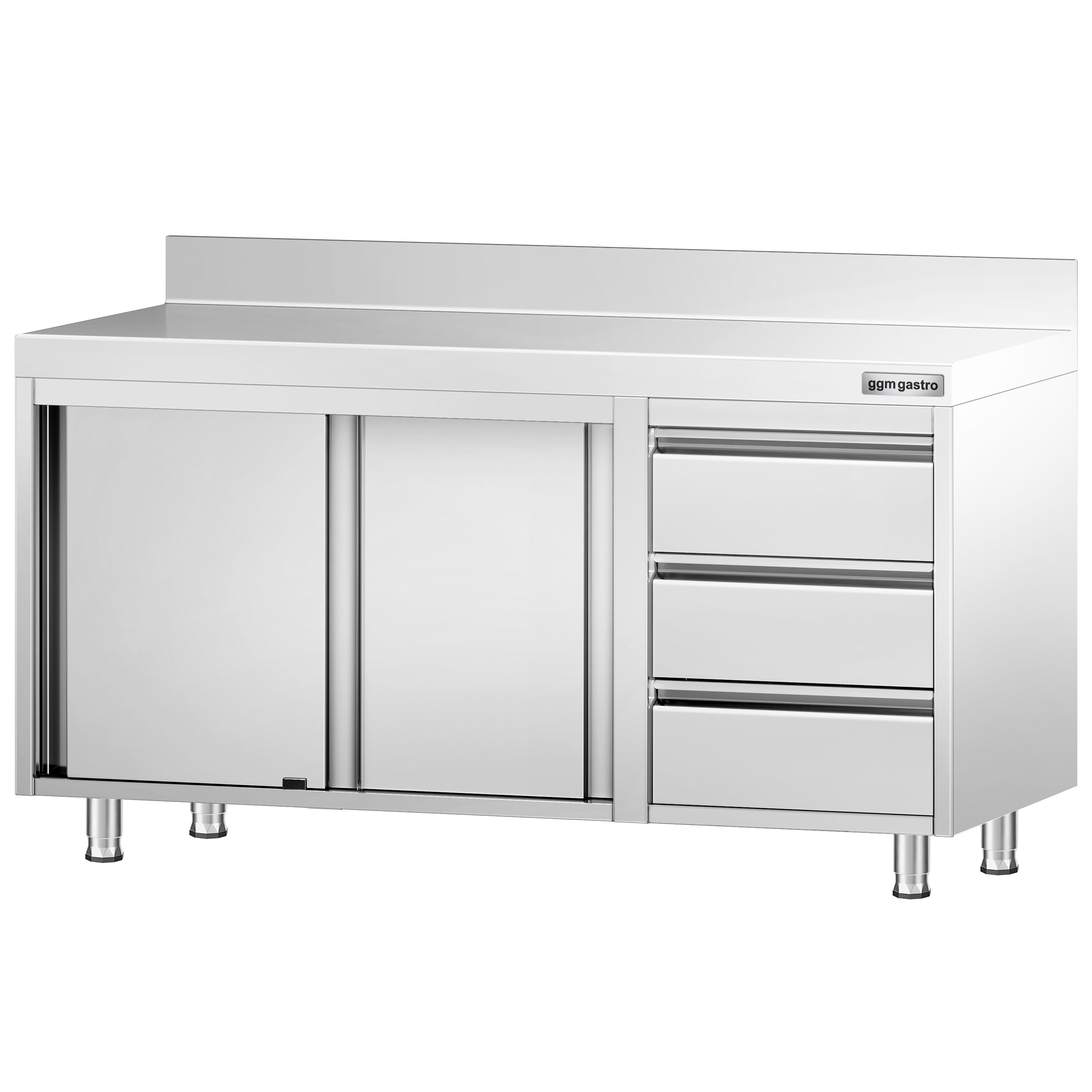Table armoire en acier inoxydable PREMIUM - 1400x700mm - avec portes coulissantes et 3 tiroirs à droite - avec dosseret